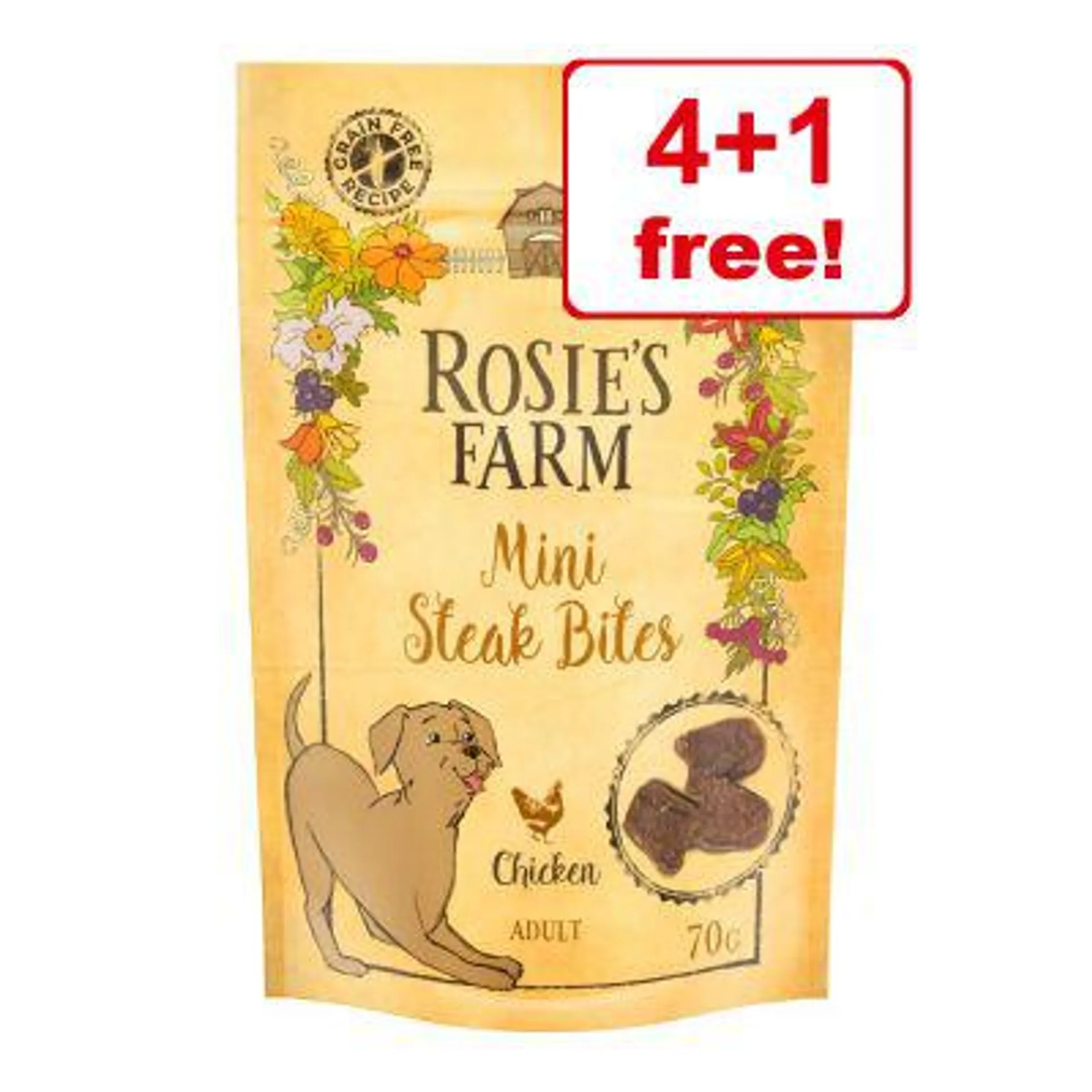 5 x 50g/70g Rosie's Farm Dog Treats - 4 + 1 Free!*