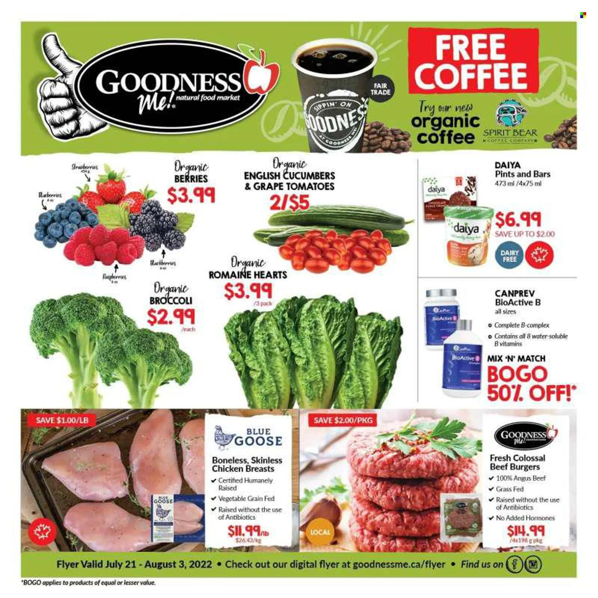 Goodness Me Flyer - July 21, 2022 - August 03, 2022 - Sales products - broccoli, tomatoes, blackberries, blueberries, strawberries, hamburger, beef burger, Fudge, chocolate, organic coffee, chicken breasts, beef meat. Page 1.