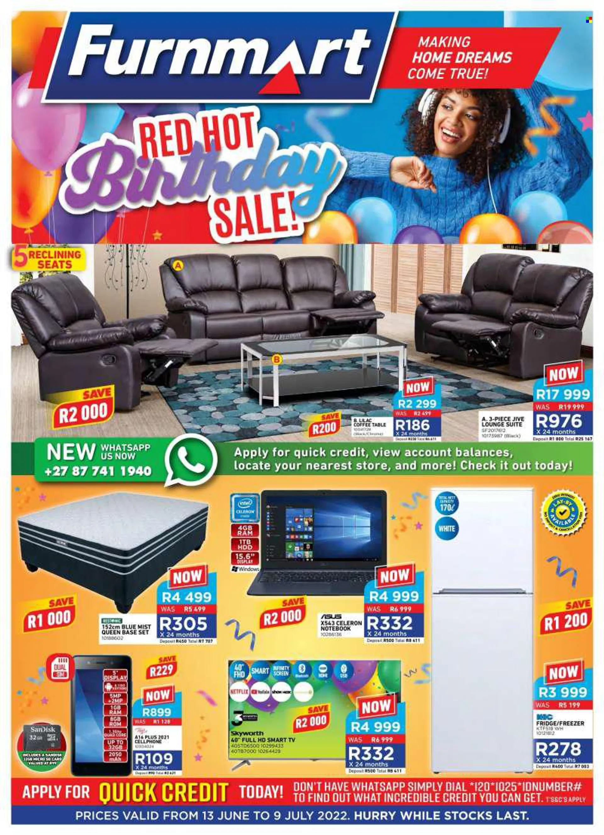 Furnmart catalogue  - 13/06/2022 - 09/07/2022 - Sales products - table, lounge suite, lounge, coffee table, base set, Sandisk, cell phone, memory card, notebook, smart tv, TV, freezer, refrigerator, fridge. Page 1.