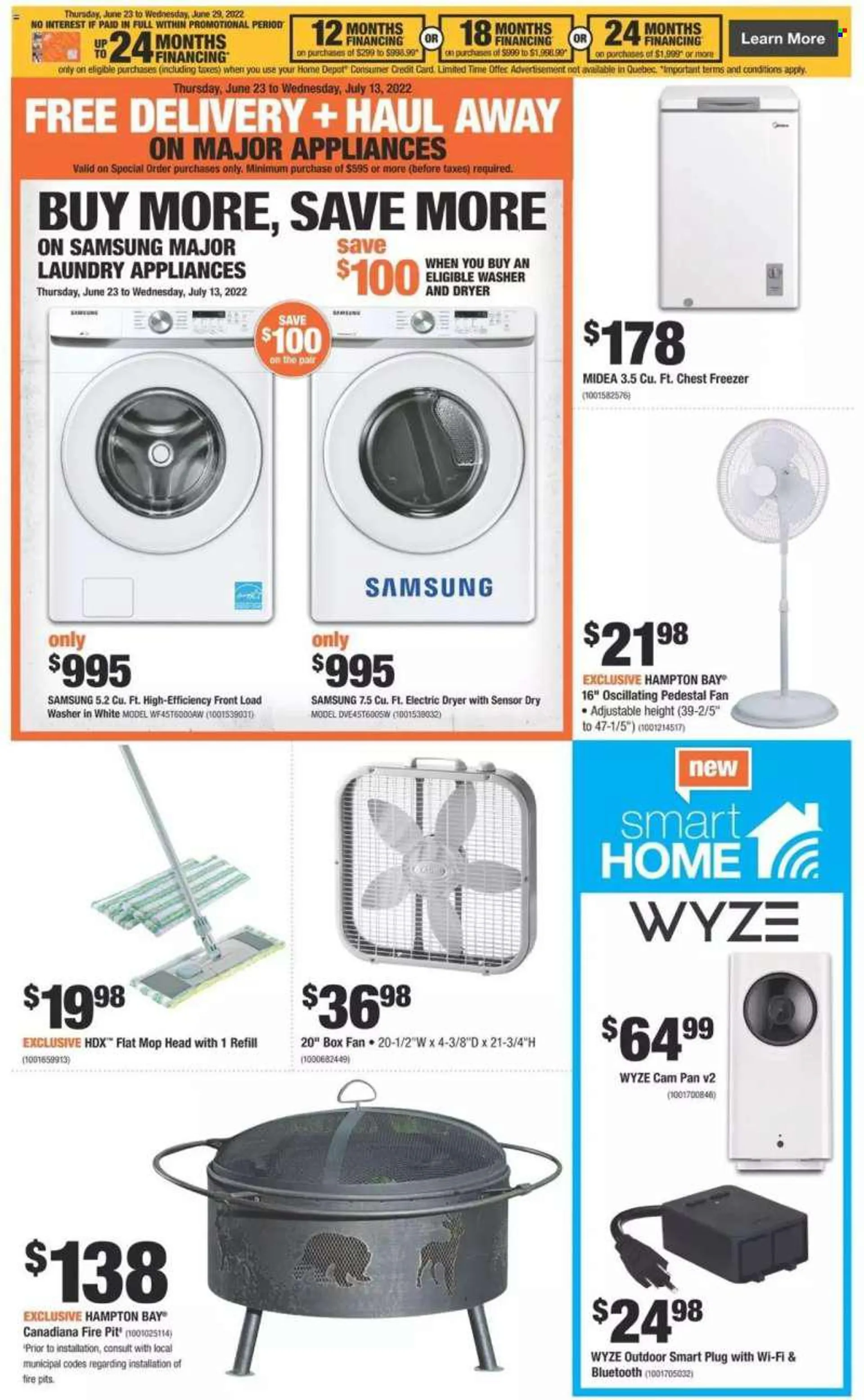 The Home Depot Flyer - June 23, 2022 - June 29, 2022 - Sales products - mop, pan, Samsung, freezer, chest freezer, Midea, washer &amp; dryer, washing machine, electric dryer, stand fan, wall fan, smart plug, fire bowl. Page 2.