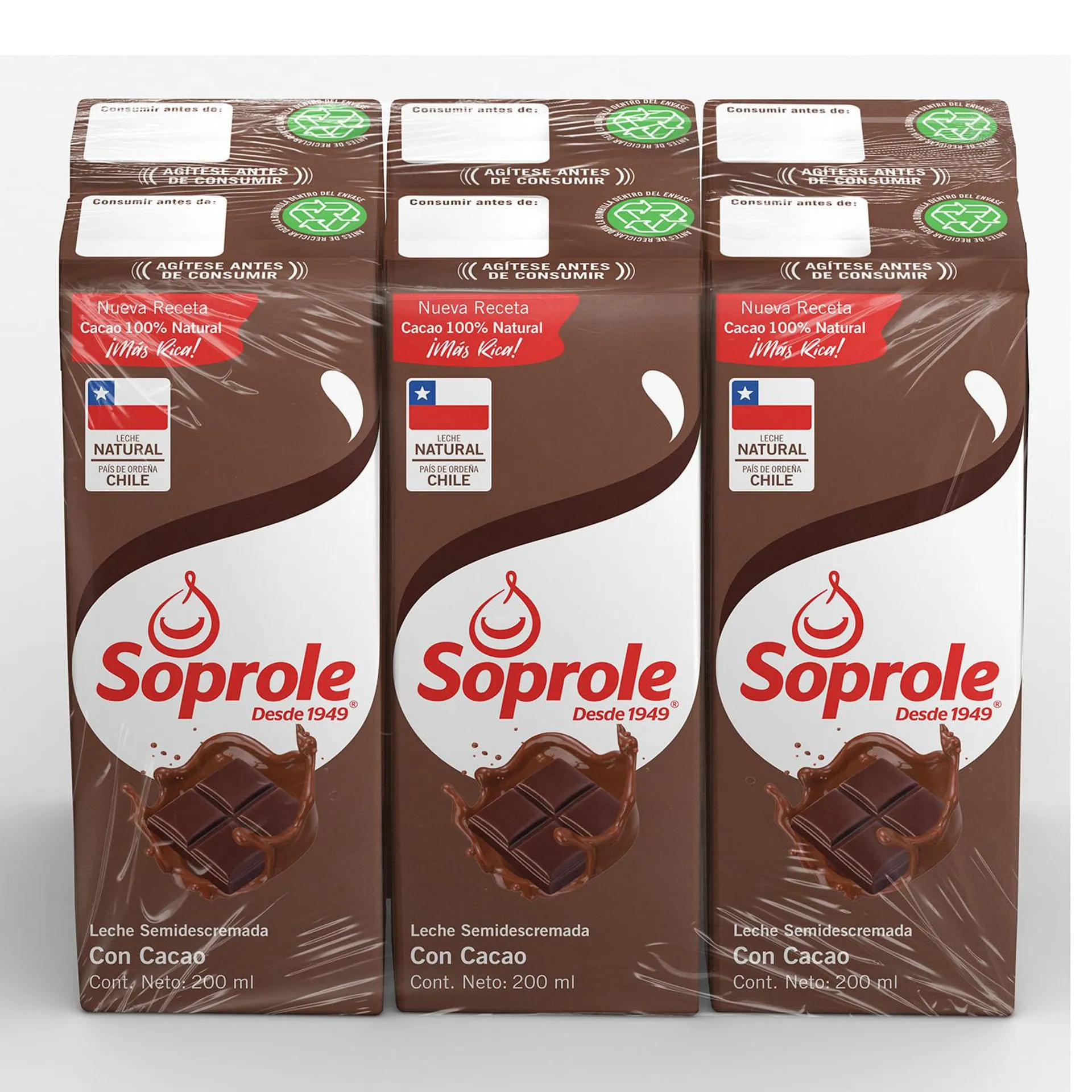 Pack 6 un. Leche semidescremada chocolate 200 ml