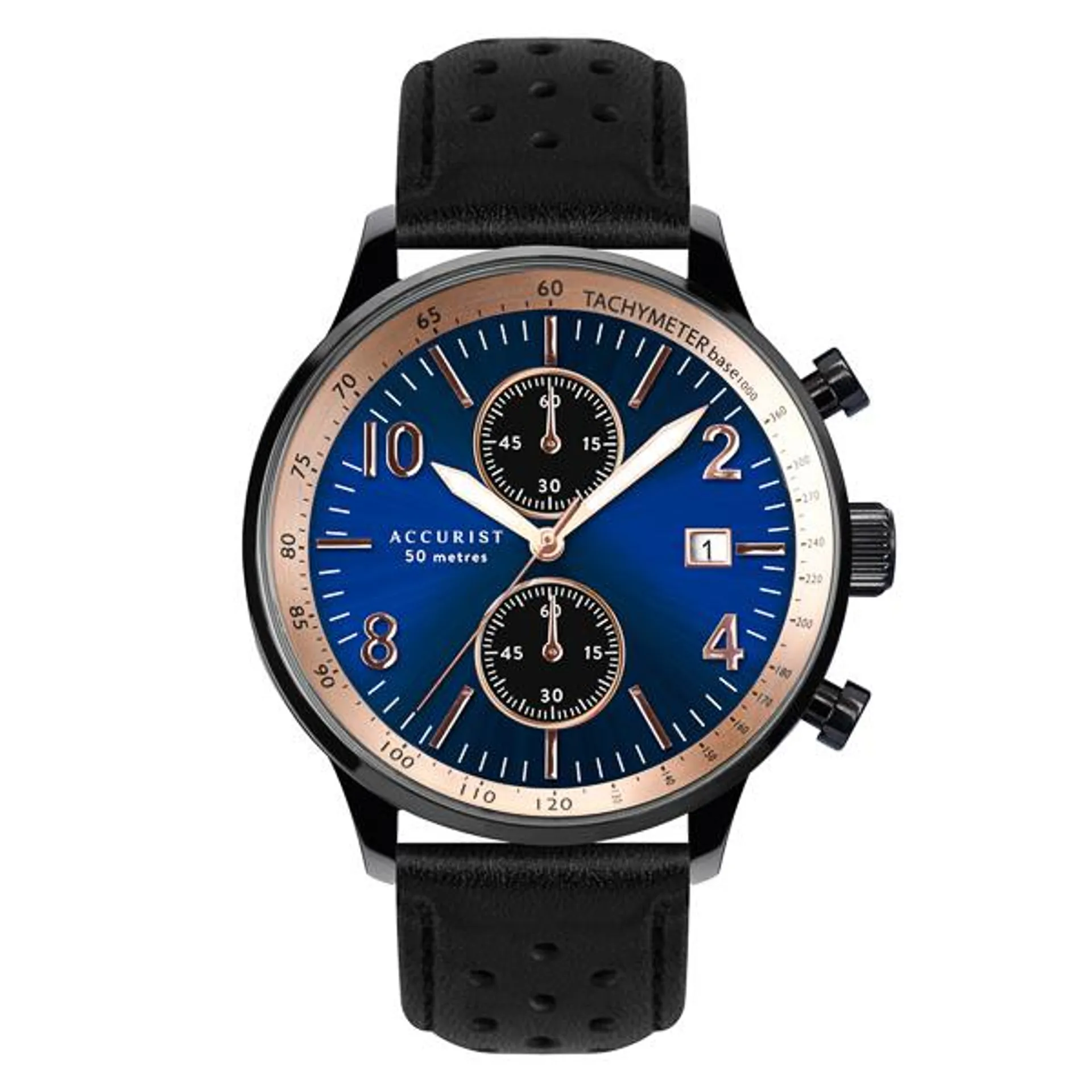 Accurist Gents Blue Sunray Dial Chronograph Watch with Genuine Leather Strap