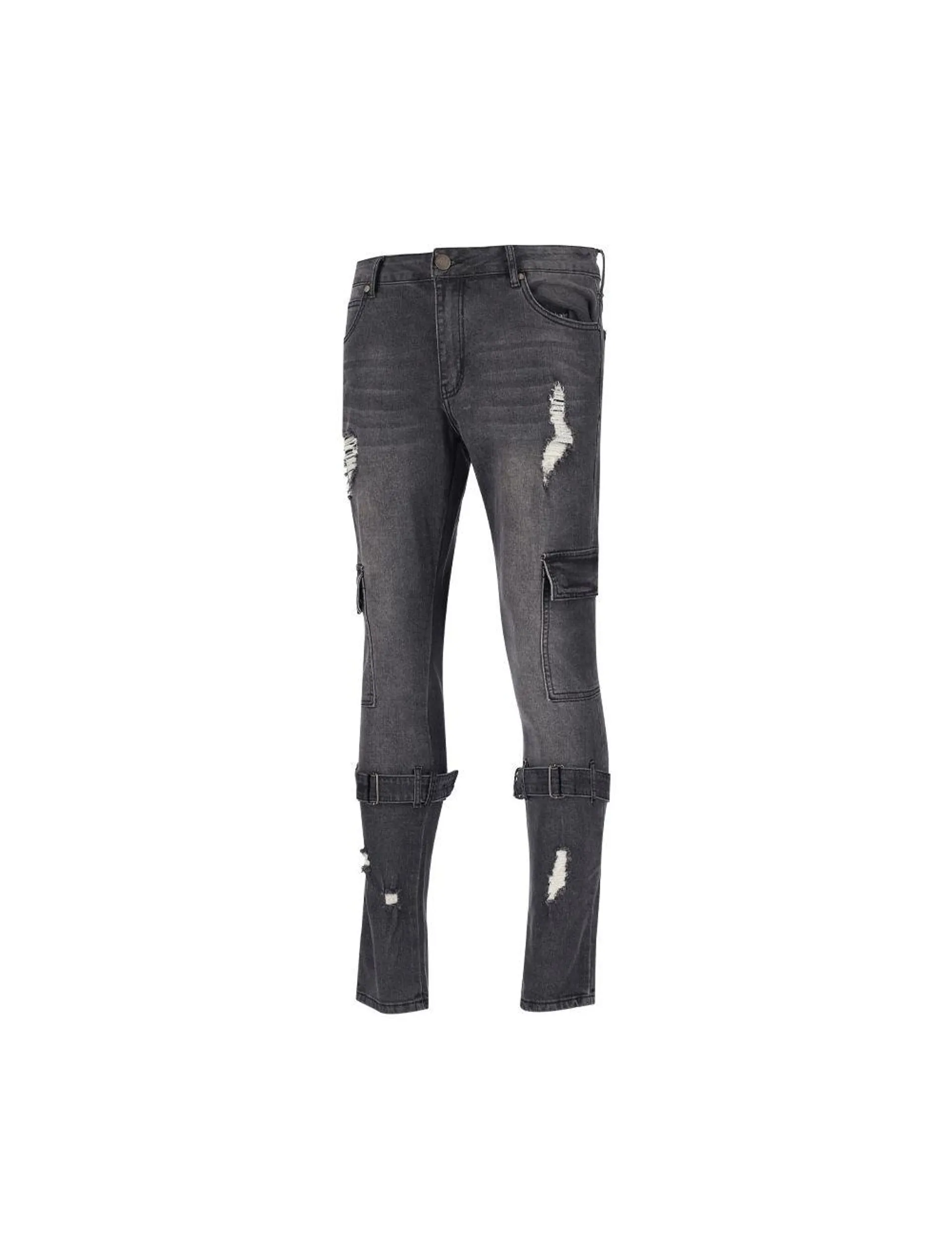 Nautic Spirit Skinny Zip Strap Cargo Denim Jeans Mens Black