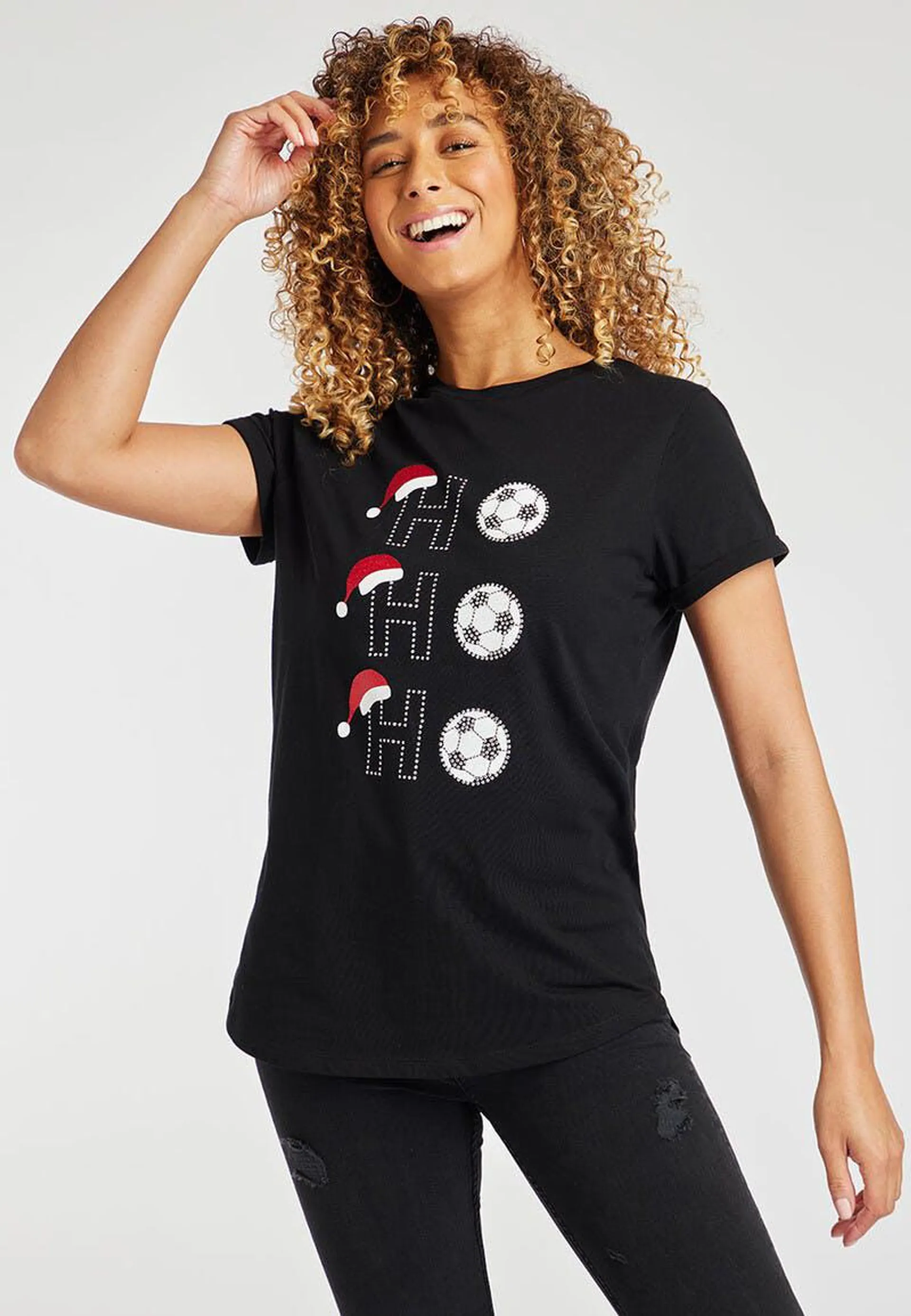 Womens Black Football HoHoHo Christmas T-Shirt