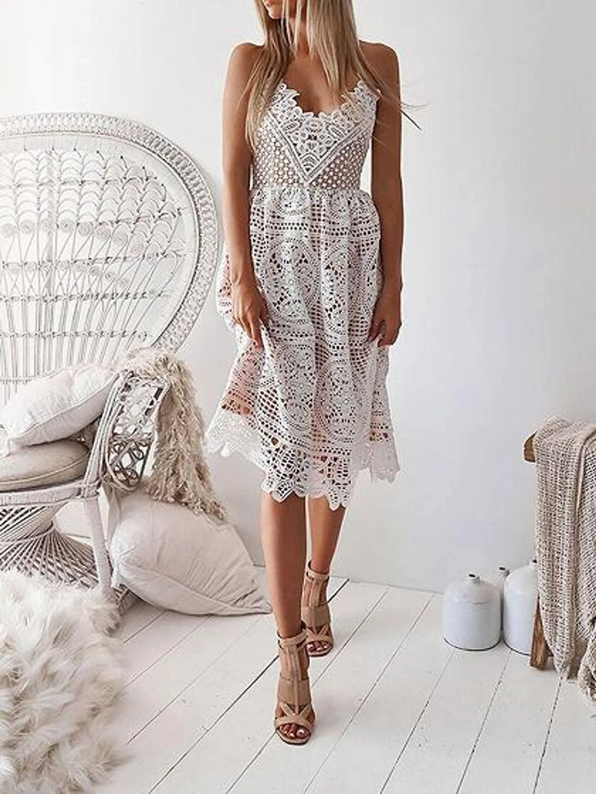 White V-neck Lace Up Back Lace Cami Dress