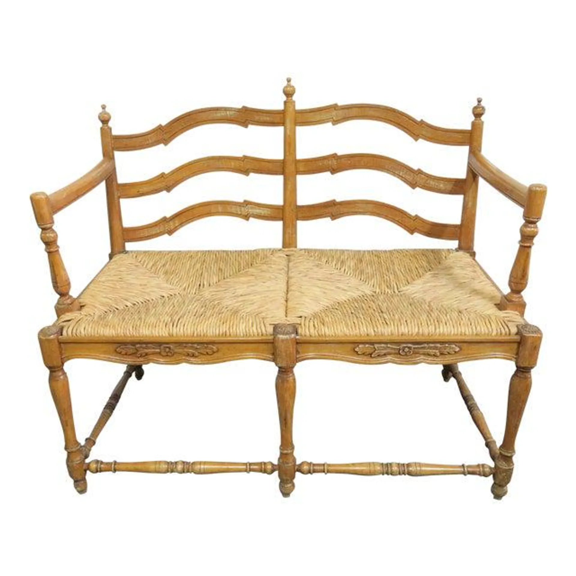 Late 20th Century French Country Maple Rush Seat Bench