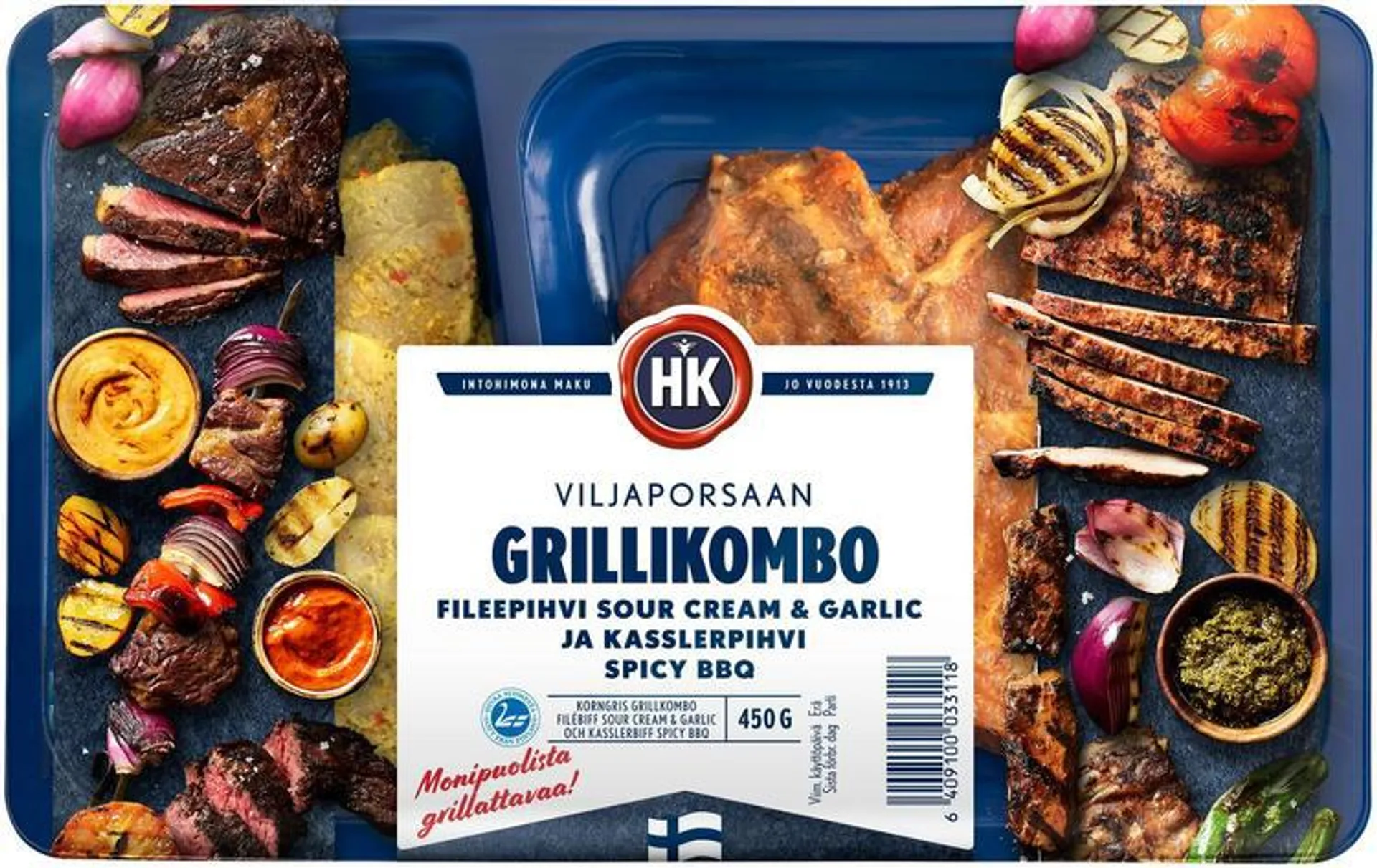 HK Viljaporsaan grillikombo fileepihvi sour cream & garlic ja kasslerpihvi spicy BBQ 450g