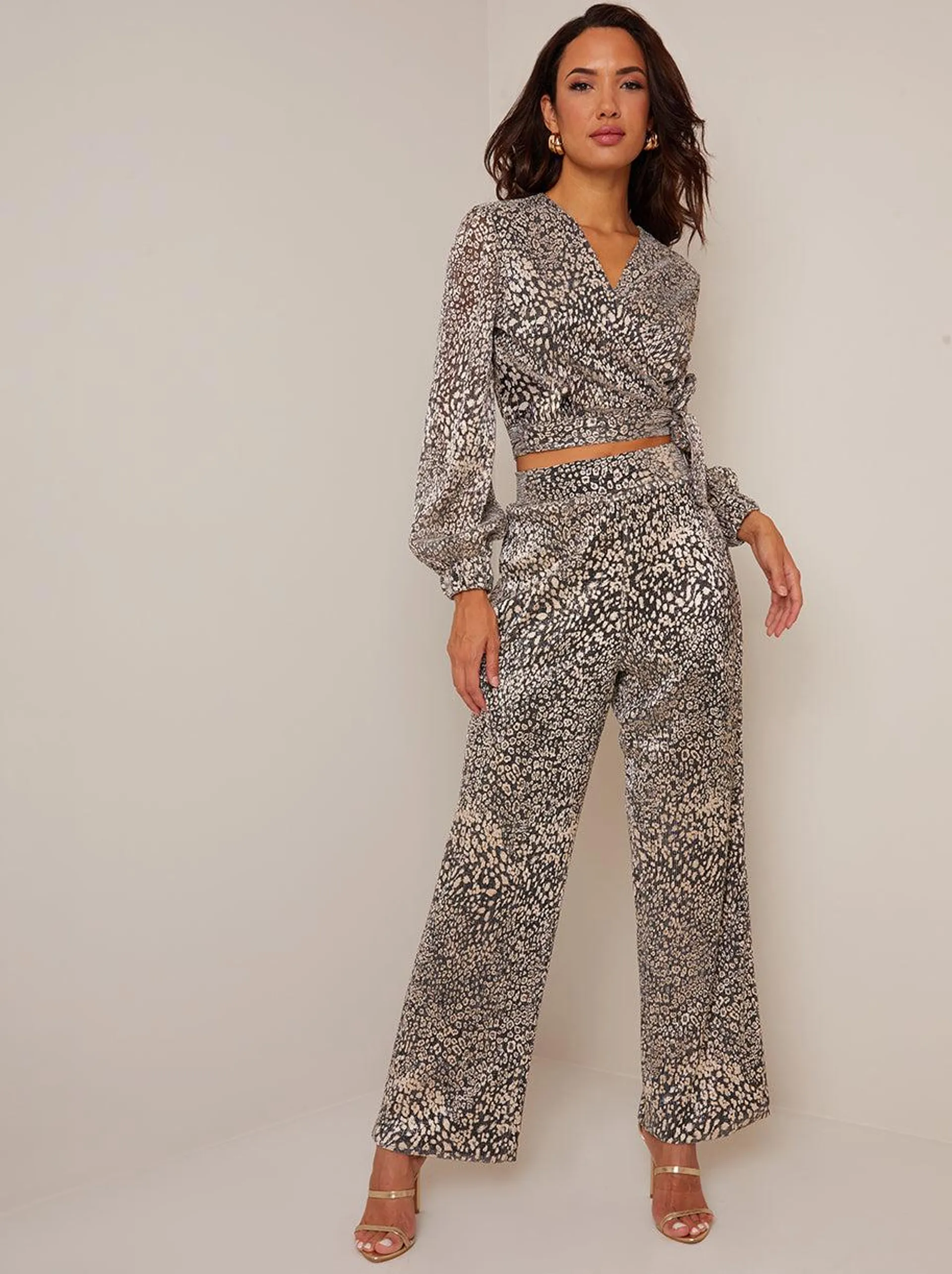 Animal Print Wide Leg Trousers in Gold