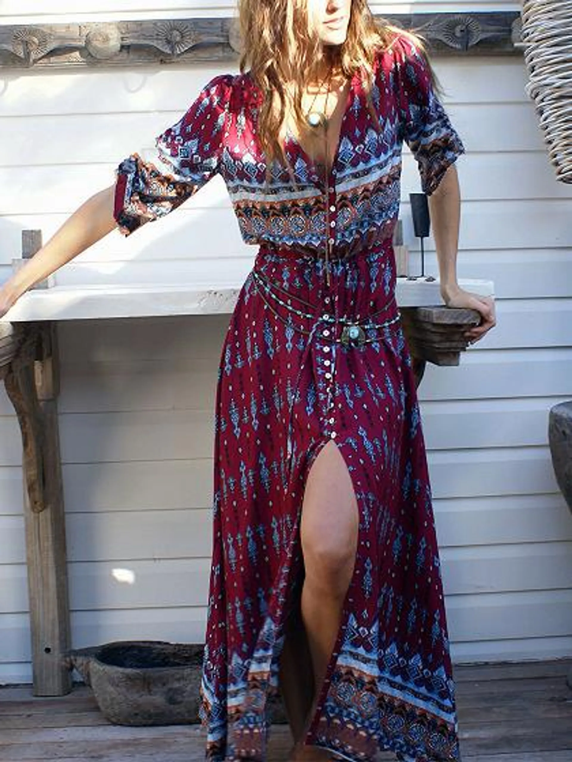 Burgundy Tribal Print Split Maxi Dress