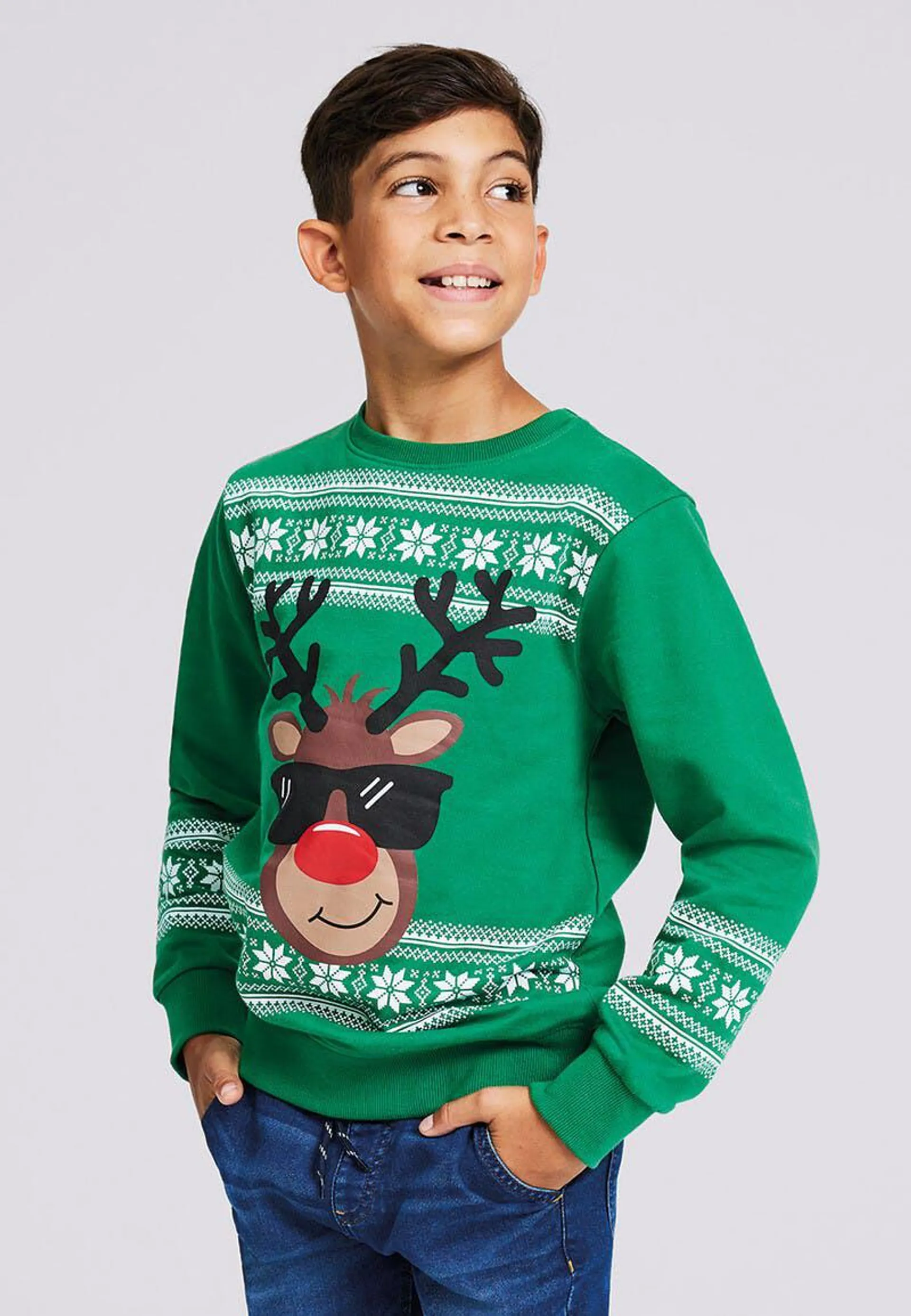 Older Boys Green Reindeer Christmas Sweater