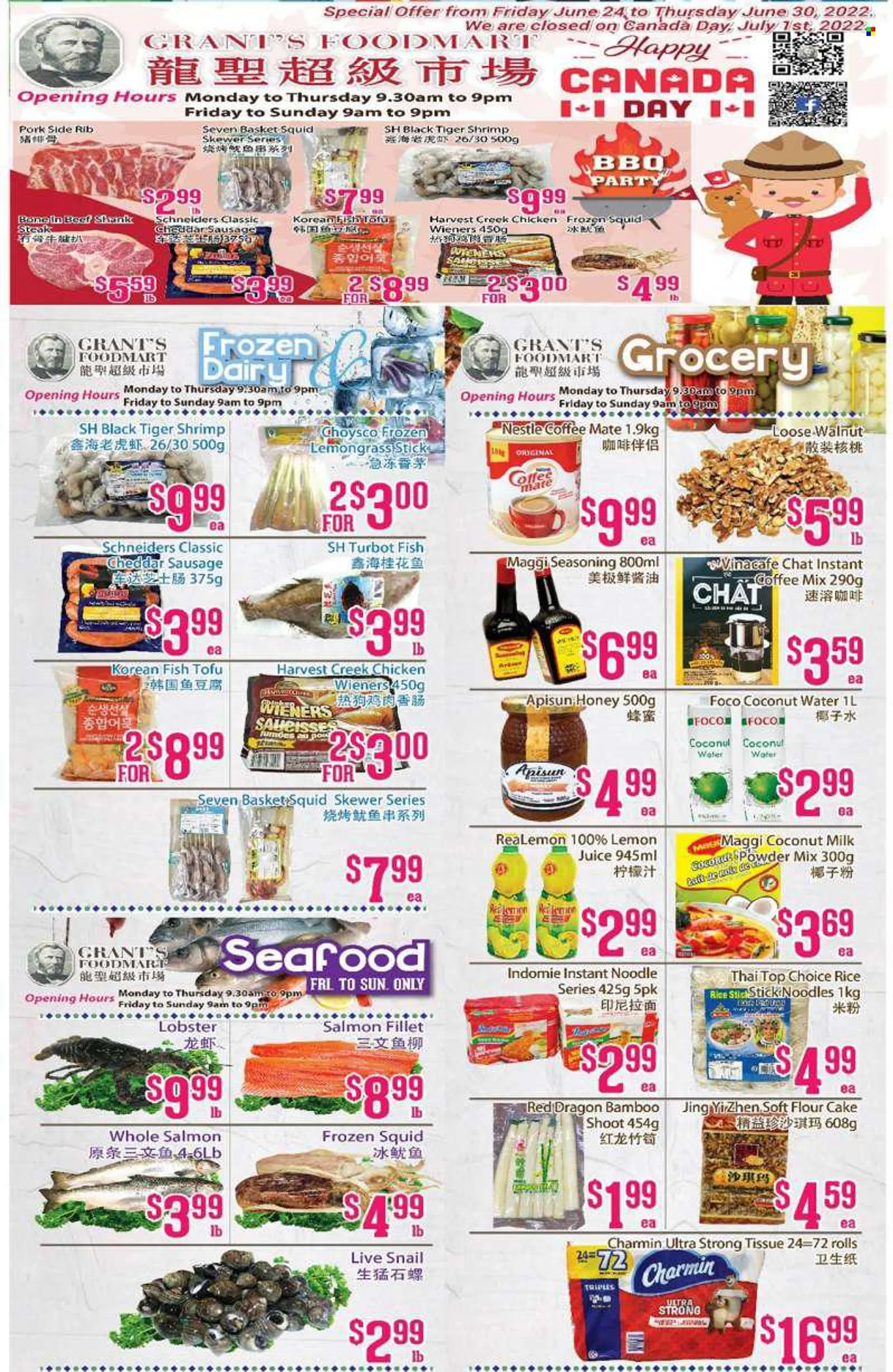 Grants Foodmart Flyer - June 24, 2022 - June 30, 2022 - Sales products - cake, lobster, salmon, salmon fillet, squid, turbot, seafood, fish, shrimps, noodles, sausage, cheddar, cheese, Coffee-Mate, flour, Maggi, coconut milk, rice, spice, honey, coconut w