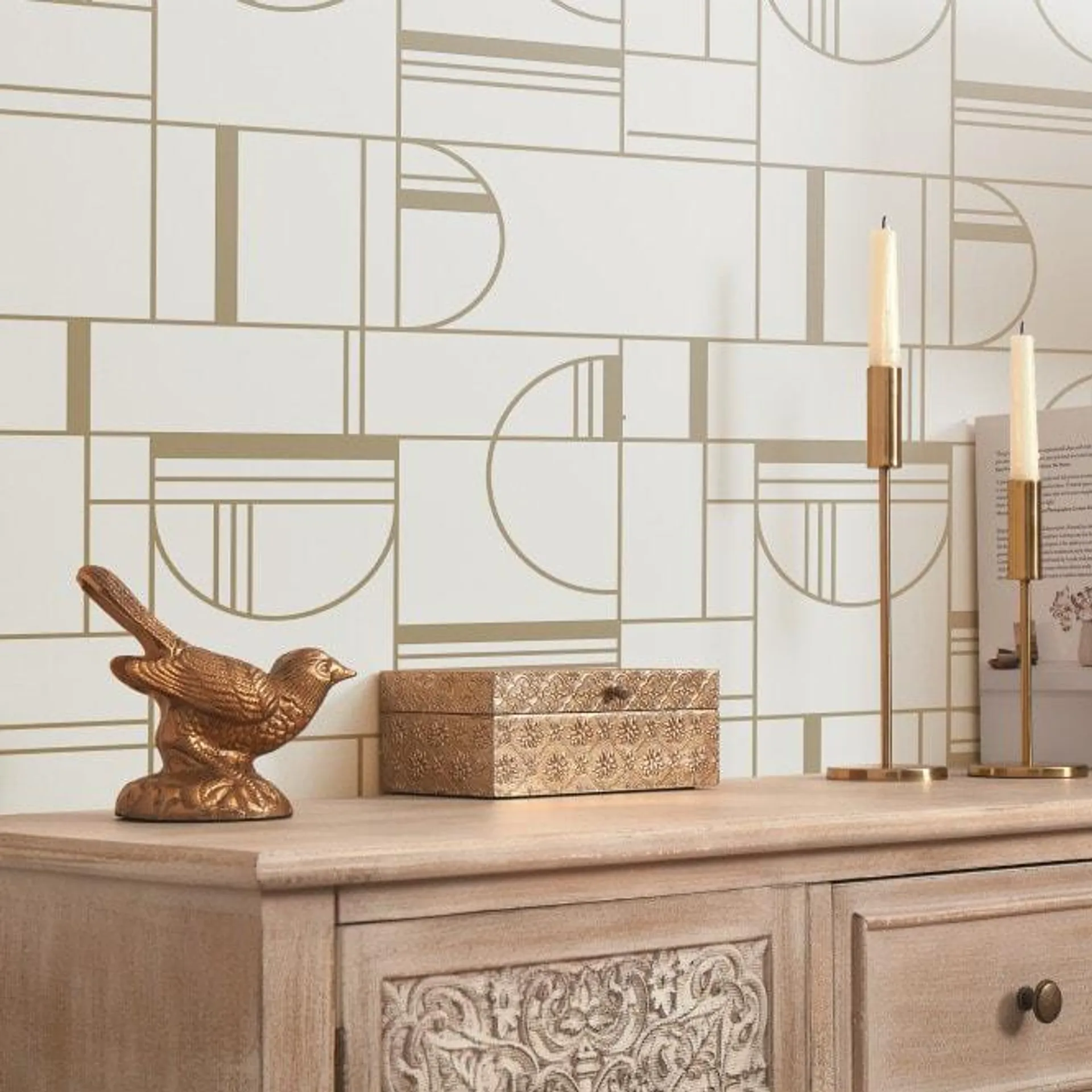 Bauhaus Geometric wallpaper in cream & gold