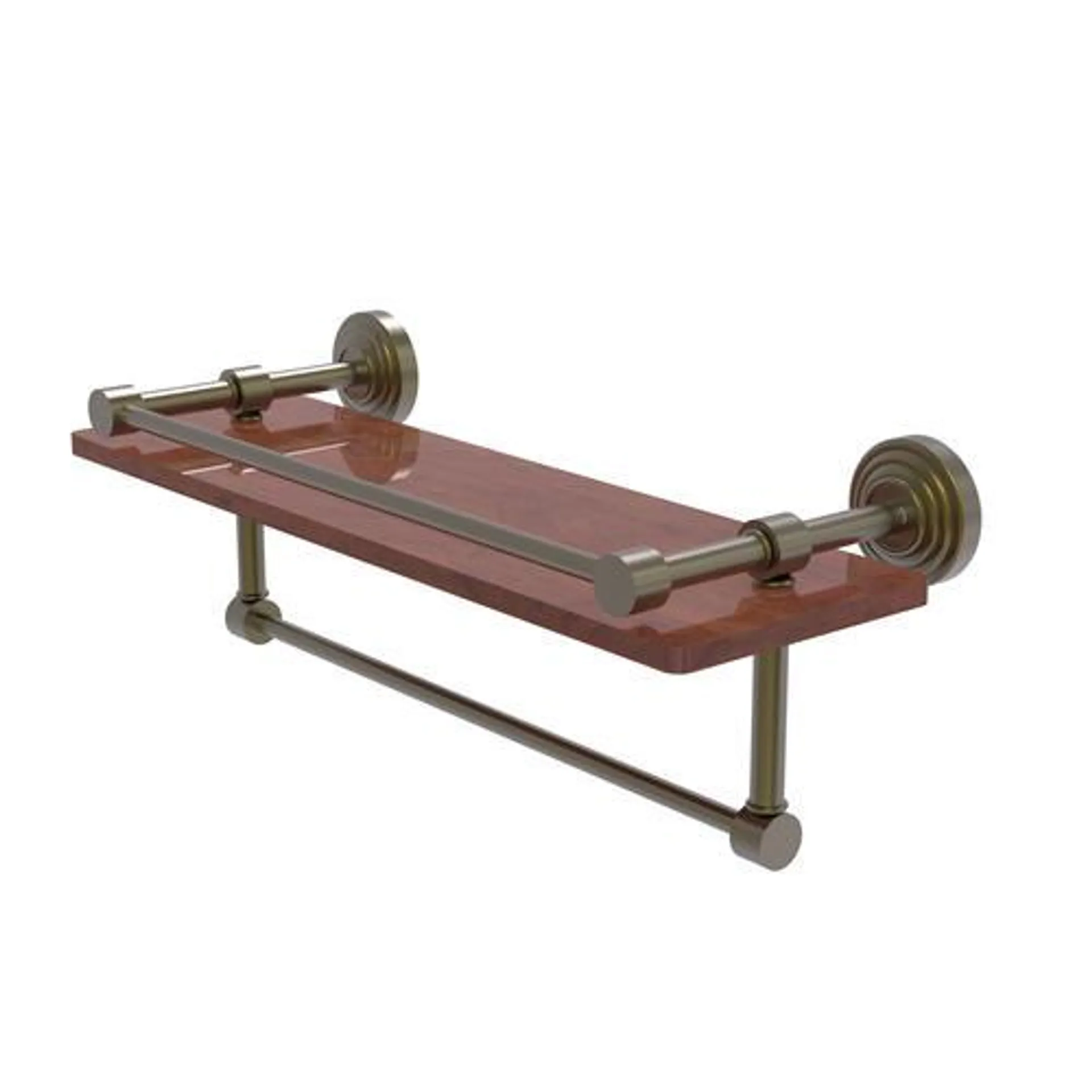 Allied Brass Waverly Place 16" Antique Brass Solid IPE Ironwood Bathroom Shelf with Gallery Rail & Towel Bar