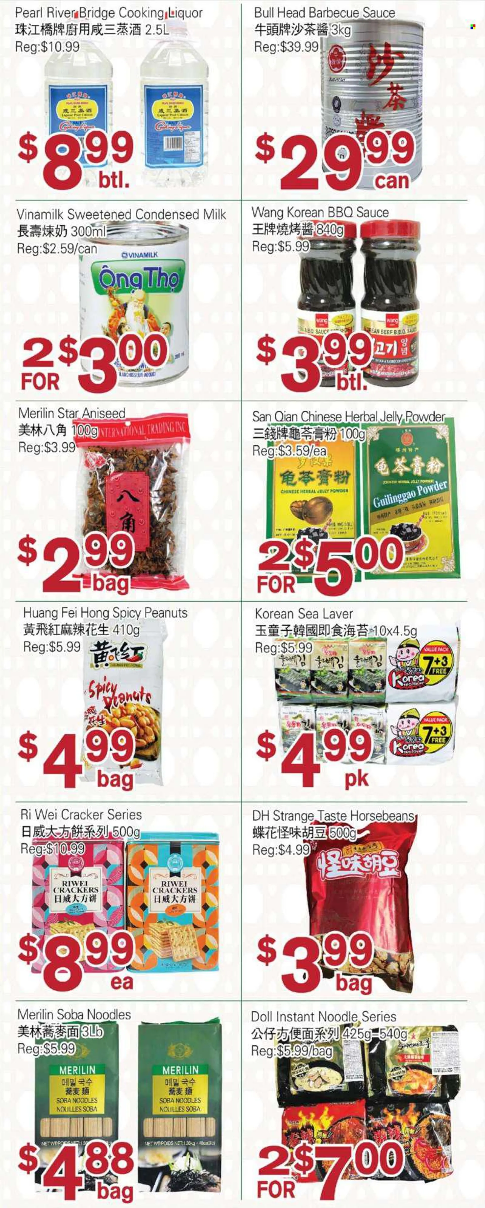 First Choice Supermarket Flyer - July 15, 2022 - July 21, 2022 - Sales products - pears, sauce, noodles, milk, condensed milk, jelly, crackers, barbecue sauce, peanuts, liquor, bag, liqueur. Page 3.