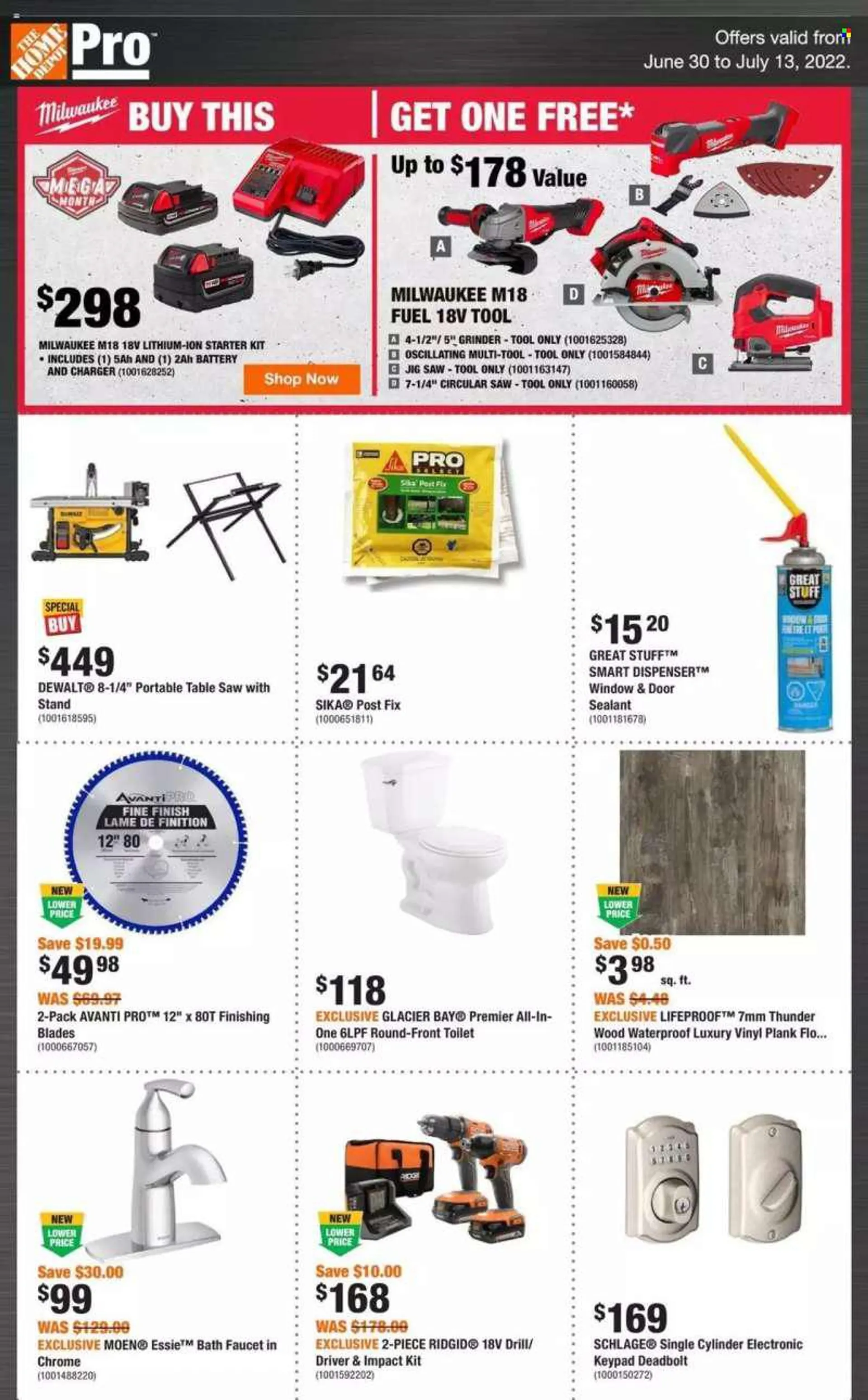 The Home Depot Flyer - June 30, 2022 - July 13, 2022 - Sales products - table, toilet, bath faucet, faucet, Milwaukee, DeWALT, drill, Ridgid, grinder, circular saw, saw, jig saw, table saw. Page 1.