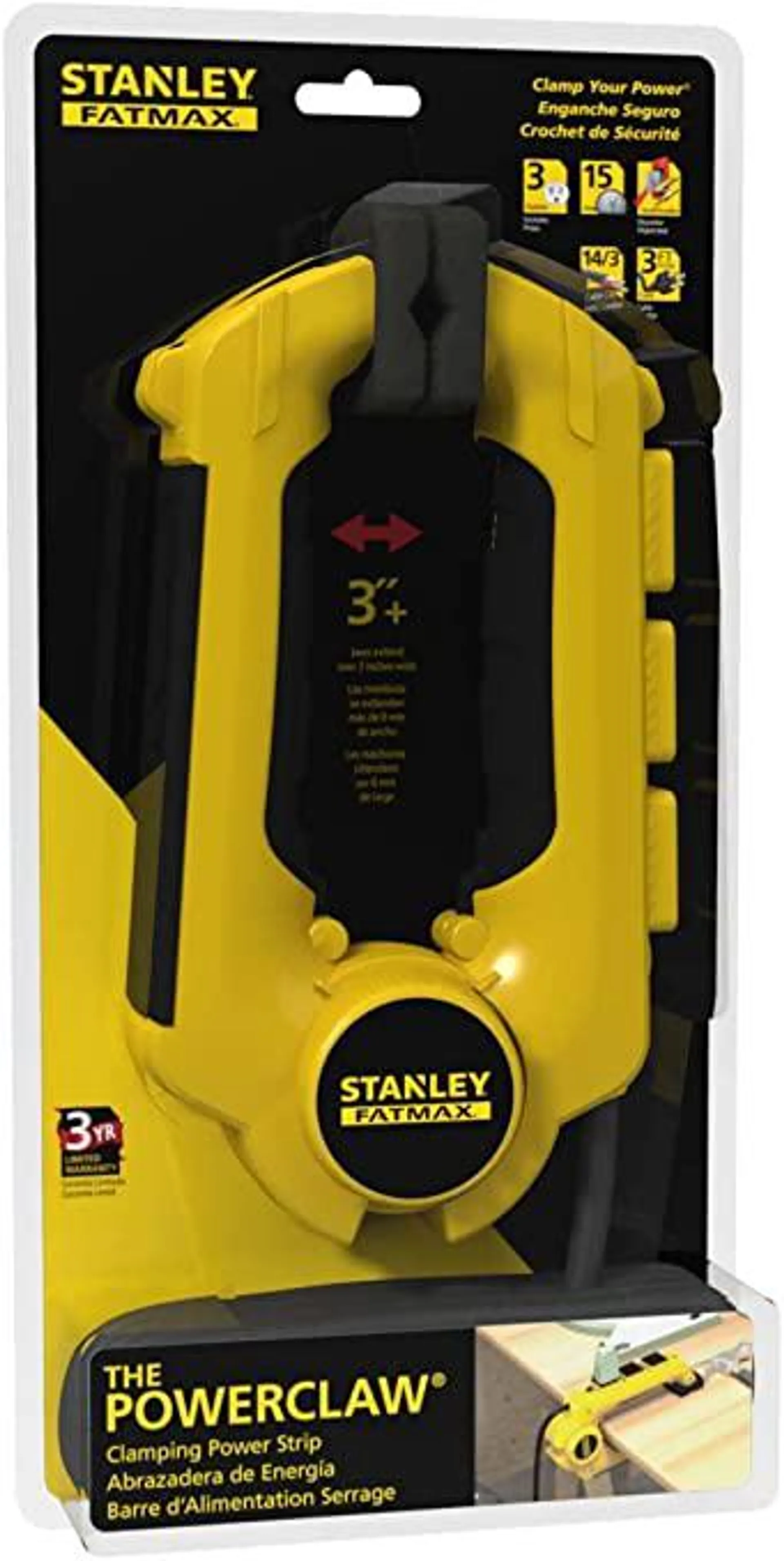 Stanley 32050 FatMax Power Claw with Grounded 3-Outlet Clamping Power Strip , Yellow