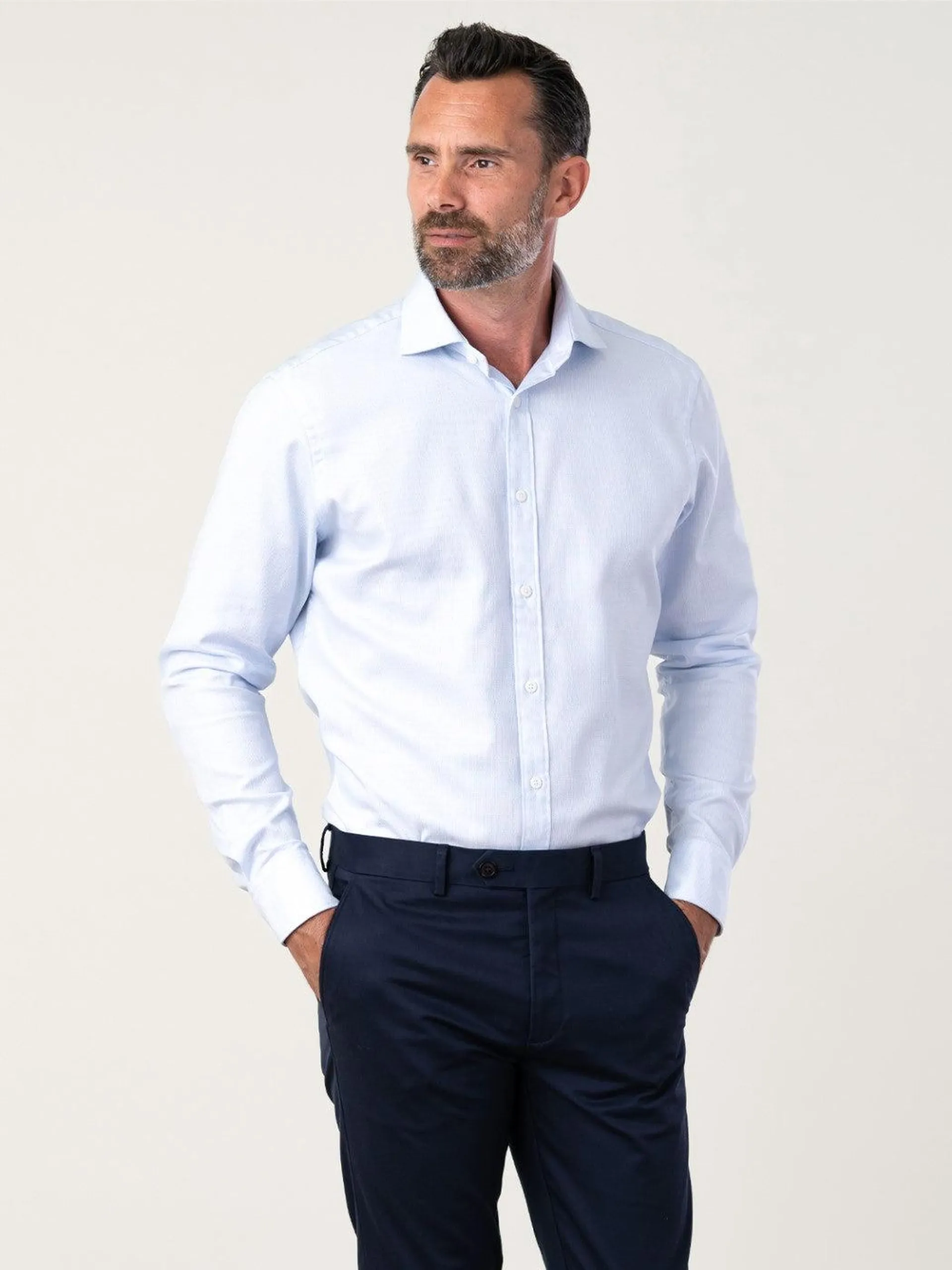 Textured Fitted Blue Dual Cuff Shirt
