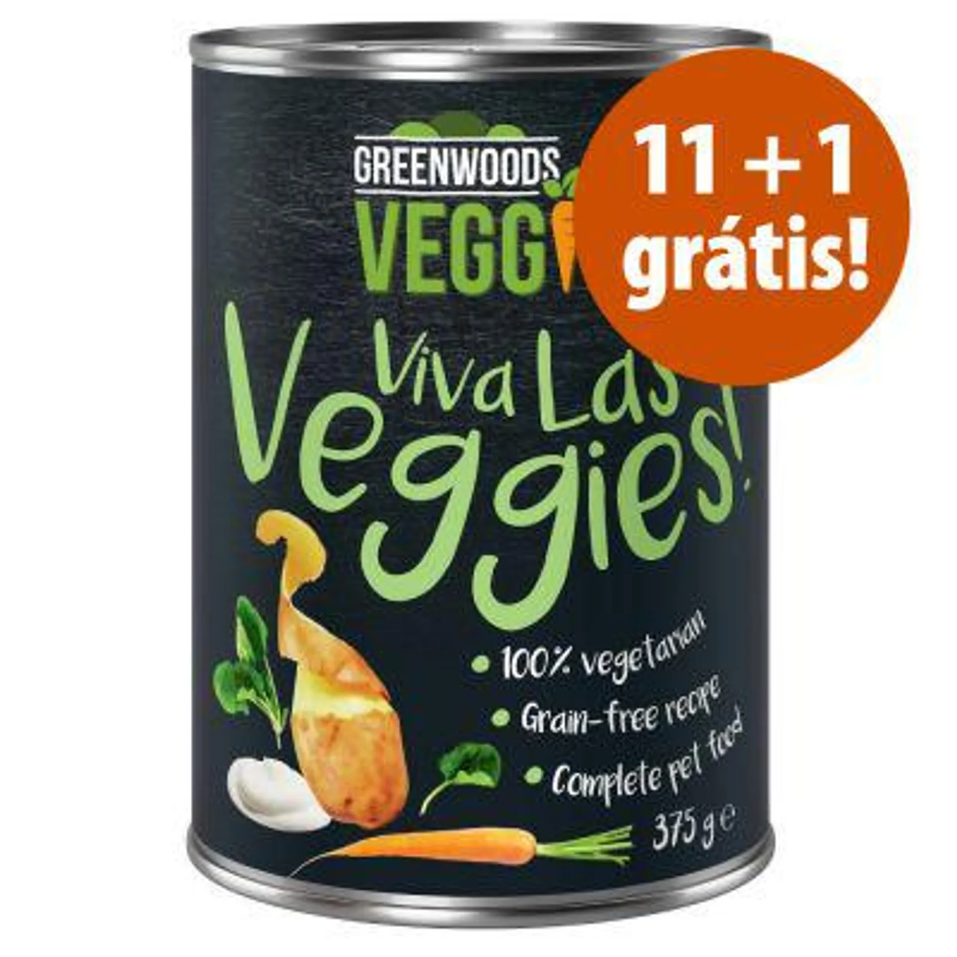 Greenwoods Veggie 12 x 375 g latas para cães em promoção: 11 + 1 grátis!