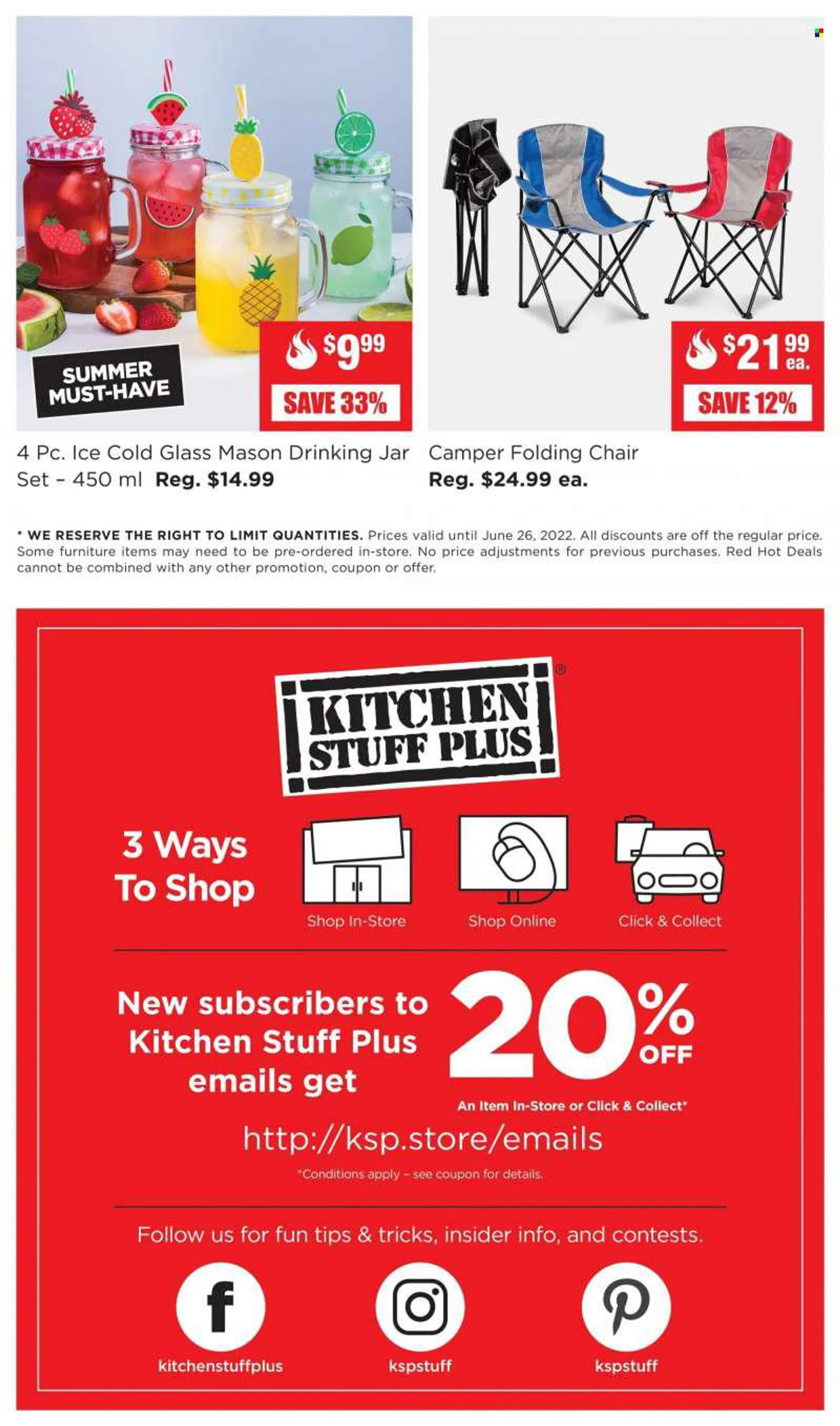 Kitchen Stuff Plus Flyer - June 20, 2022 - June 26, 2022 - Sales products - jar, chair, folding chair. Page 5.