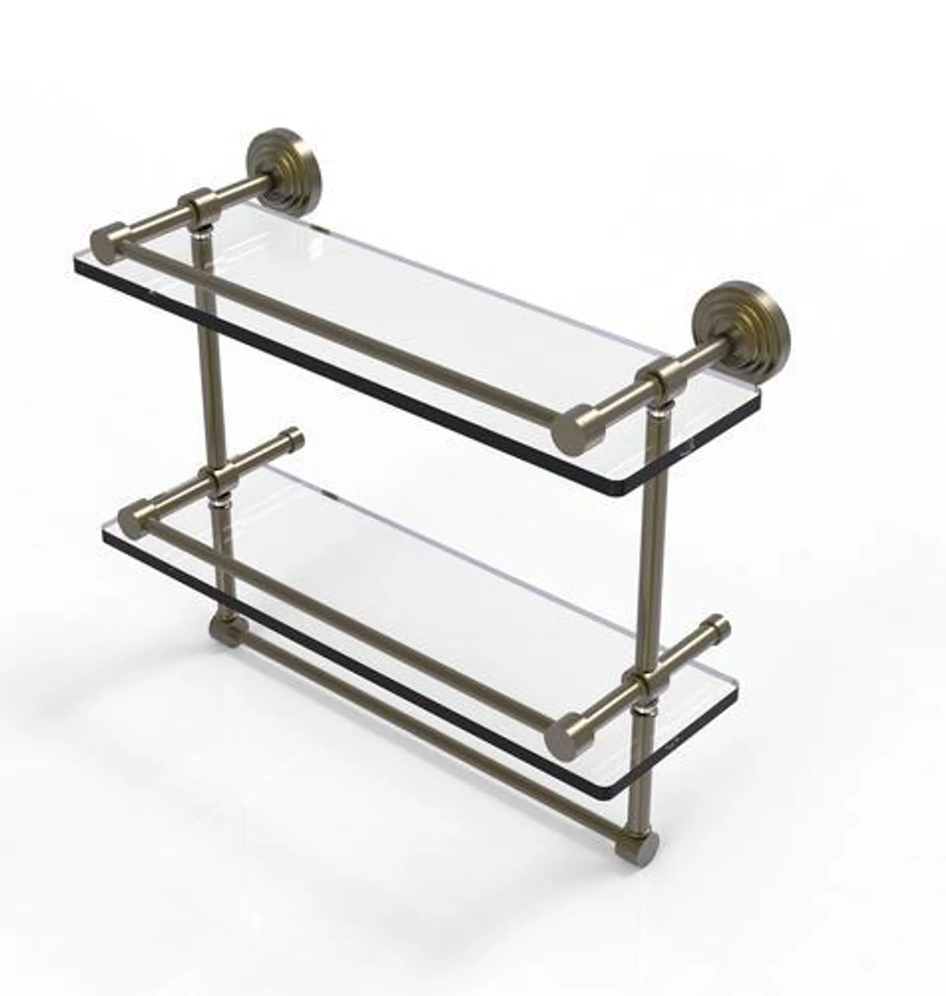 Allied Brass Waverly Place 16" Antique Brass 2-Tier Gallery Glass Bathroom Shelf with Towel Bar