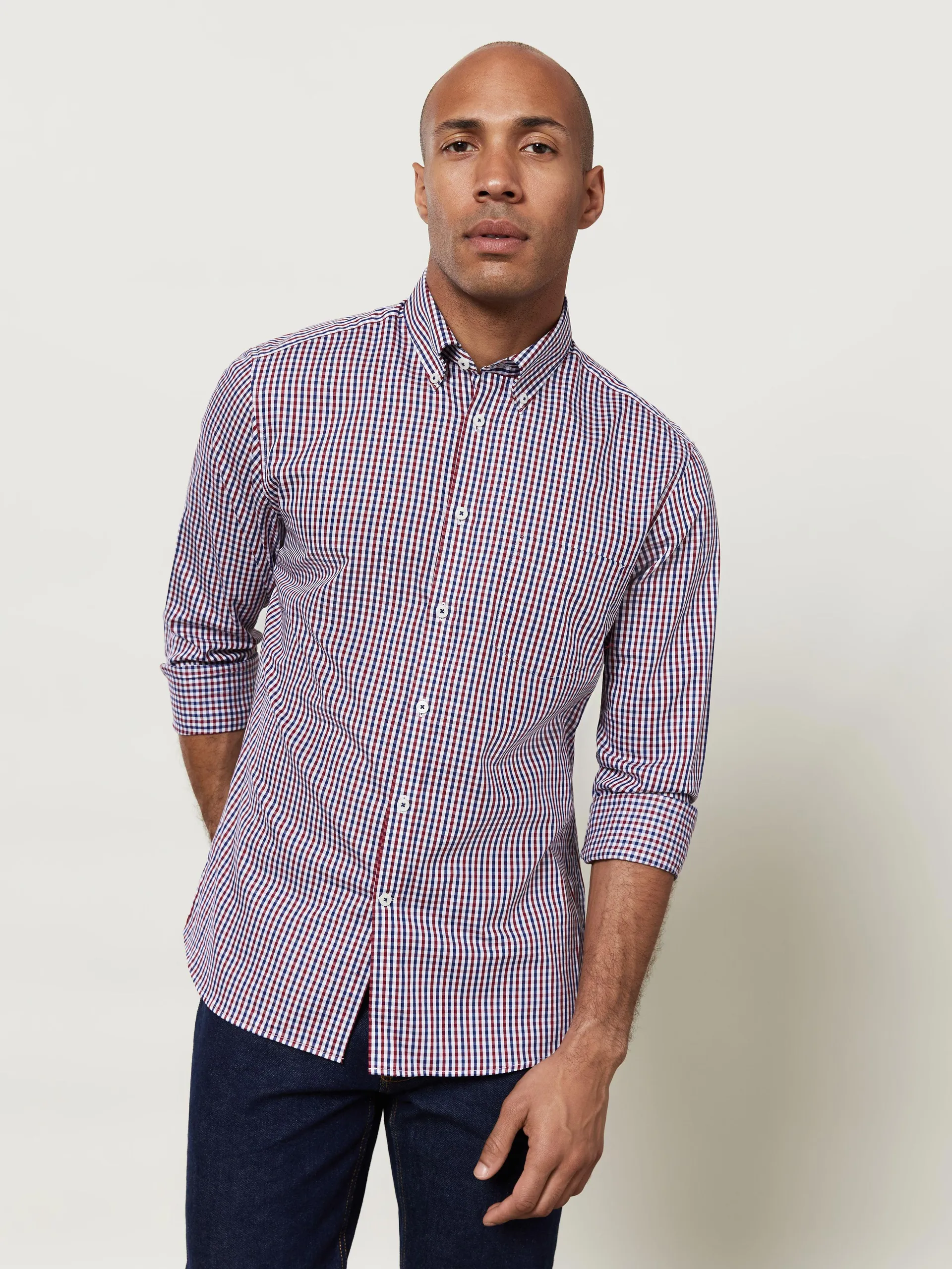 Twill Slim Fit Navy and Red Gingham Shirt