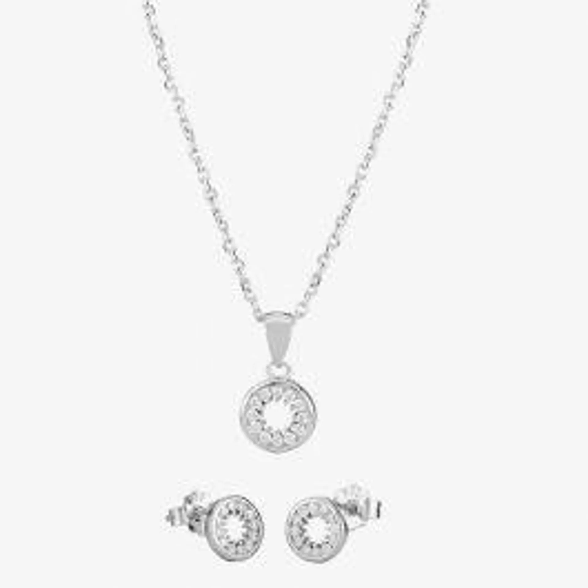 Silver Cubic Zirconia Halo Pendant and Studs Set SET14439