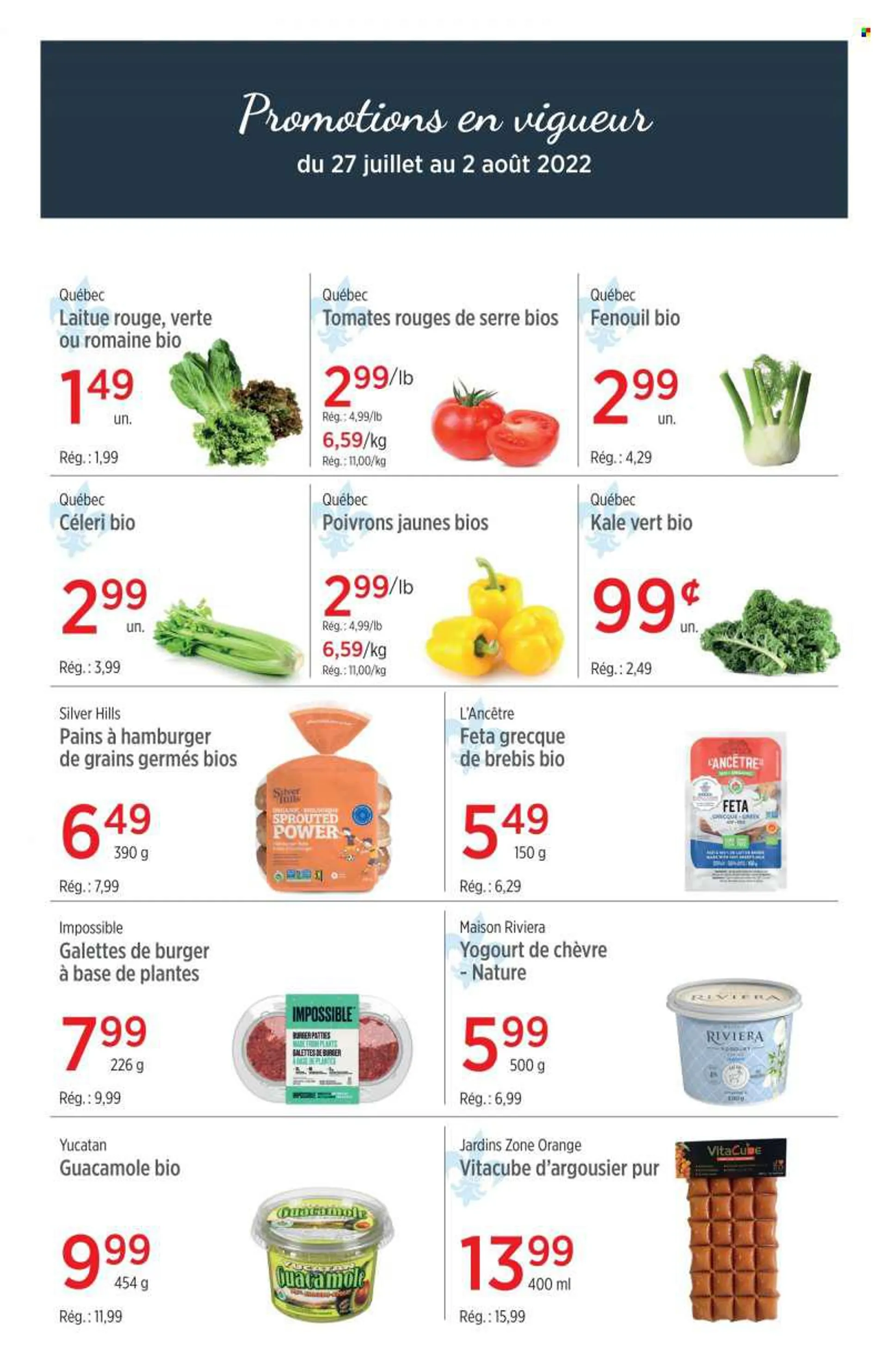 Avril Flyer - July 27, 2022 - August 02, 2022 - Sales products - buns, burger buns, kale, orange, guacamole, feta cheese, milk, burger patties. Page 1.