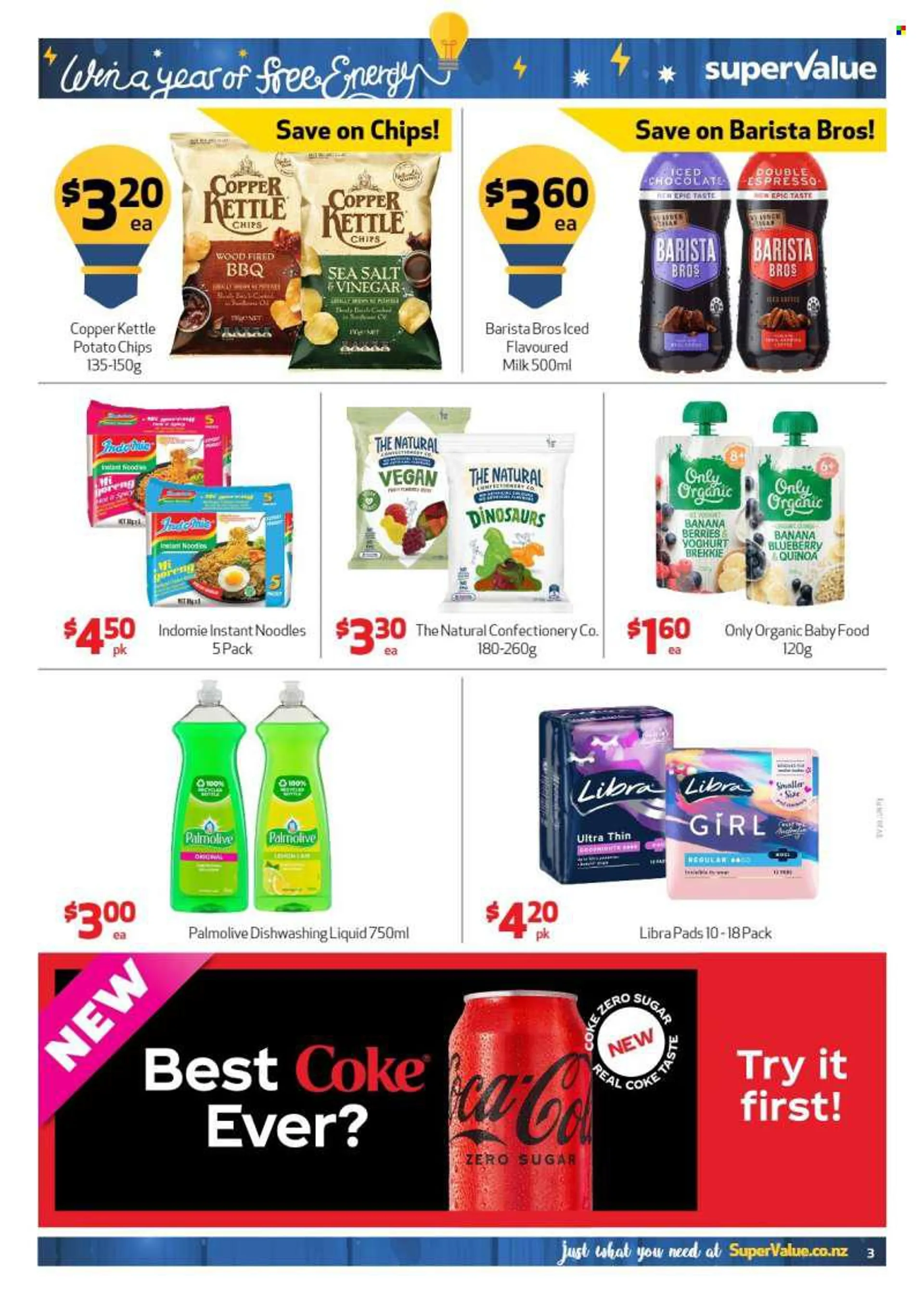 SuperValue mailer - 20.06.2022 - 26.06.2022 - Sales products - instant noodles, noodles, yoghurt, milk, flavoured milk, chocolate, potato chips, chips, Copper Kettle, quinoa, Coca-Cola, iced coffee, organic baby food, Palmolive. Page 3.