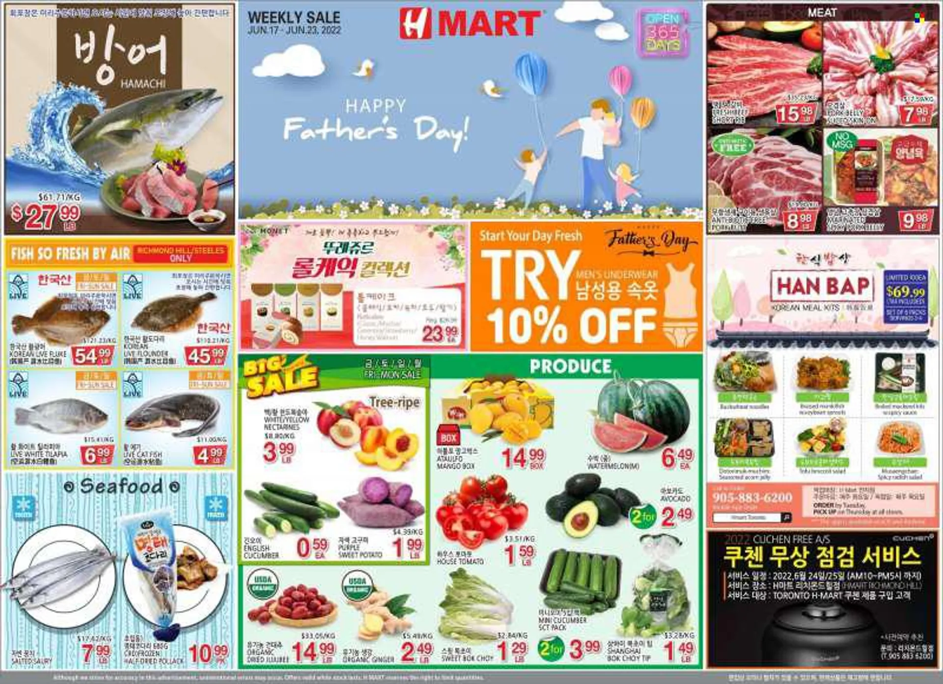 H Mart Flyer - June 17, 2022 - June 23, 2022 - Sales products - cake, bok choy, broccoli, ginger, radishes, sweet potato, salad, avocado, nectarines, watermelon, flounder, mackerel, tilapia, pollock, seafood, fish, sauce, noodles, tofu, jelly, buckwheat, 