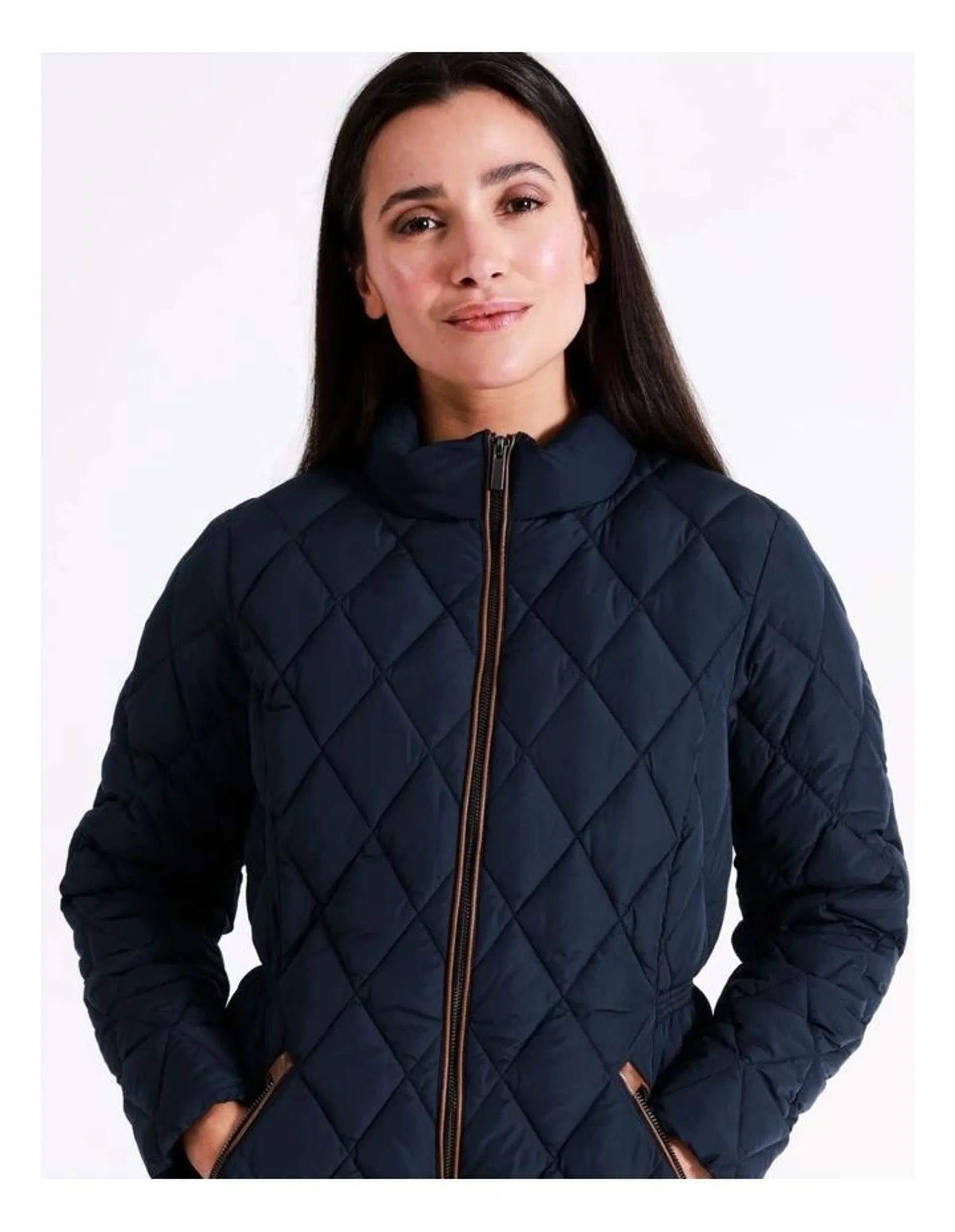 Recycled Polyester Long Ling Diamond Quilt Jacket in Navy