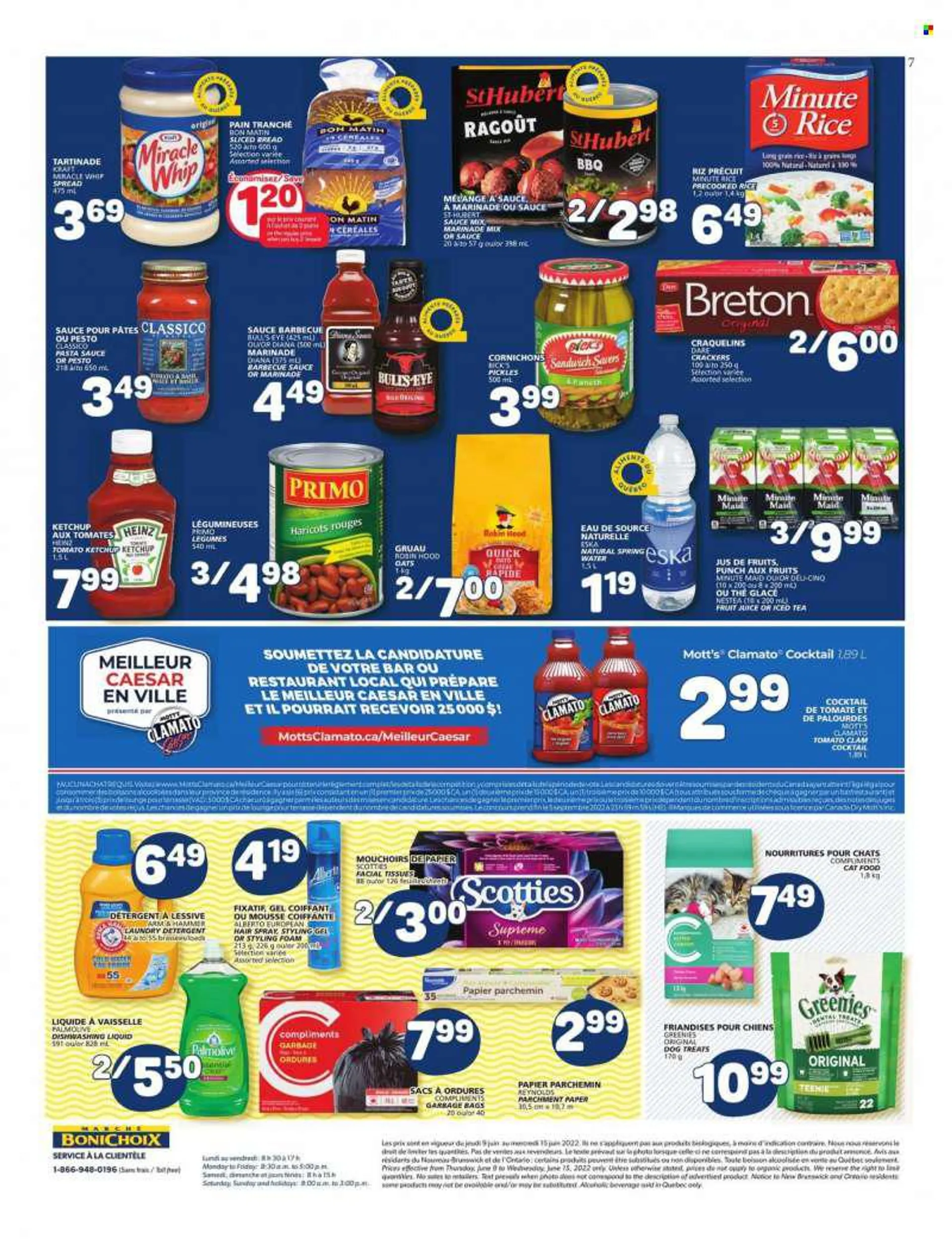 Marché Bonichoix Flyer - June 09, 2022 - June 15, 2022 - Sales products - bread, Motts, clams, pasta sauce, sandwich, Kraft®, Miracle Whip, crackers, ARM &amp; HAMMER, oats, pickles, Quick Oats, rice, long grain rice, barbecue sauce, marinade, Classico, C