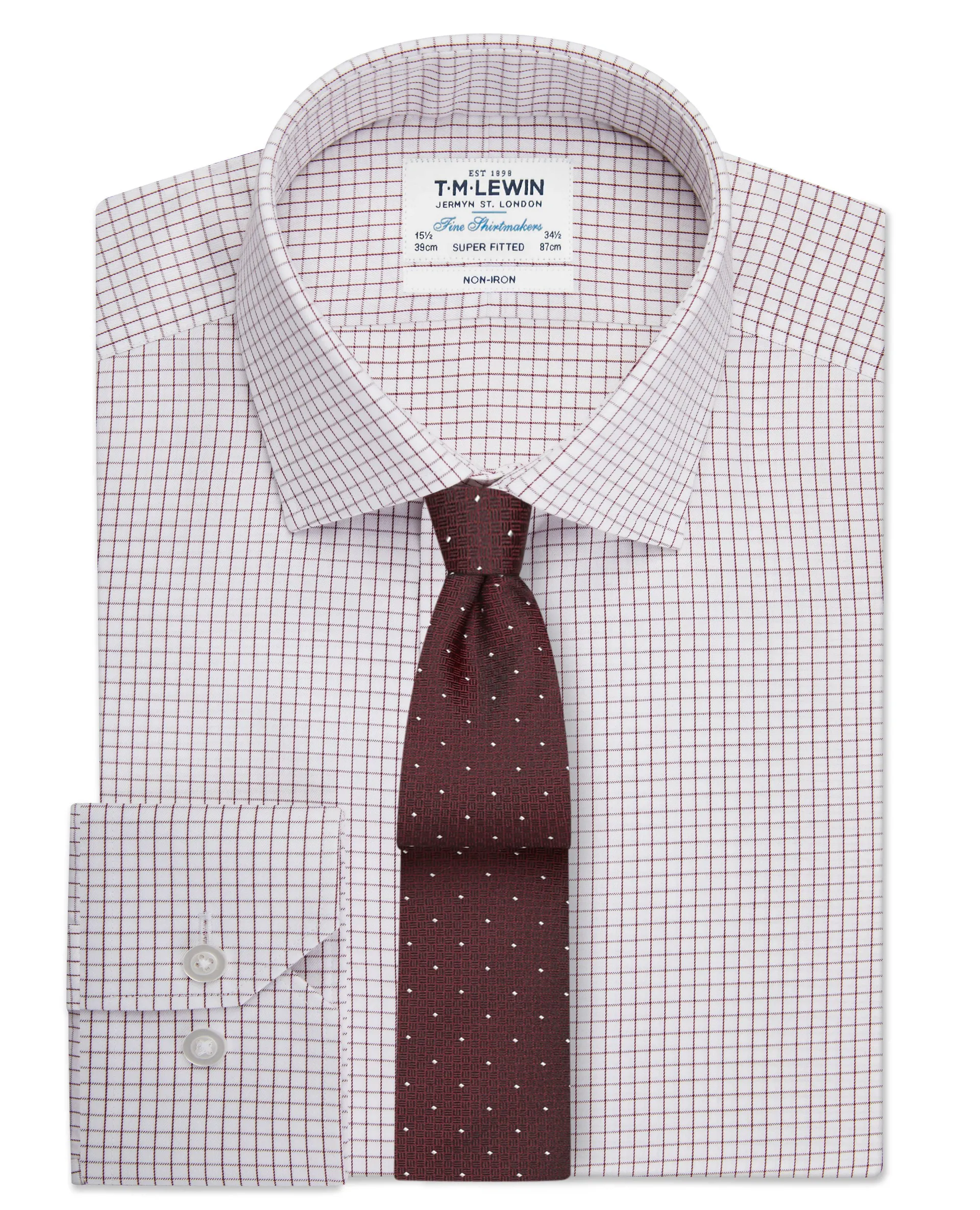 Non-Iron Super Fitted Burgundy Check Single Cuff Shirt