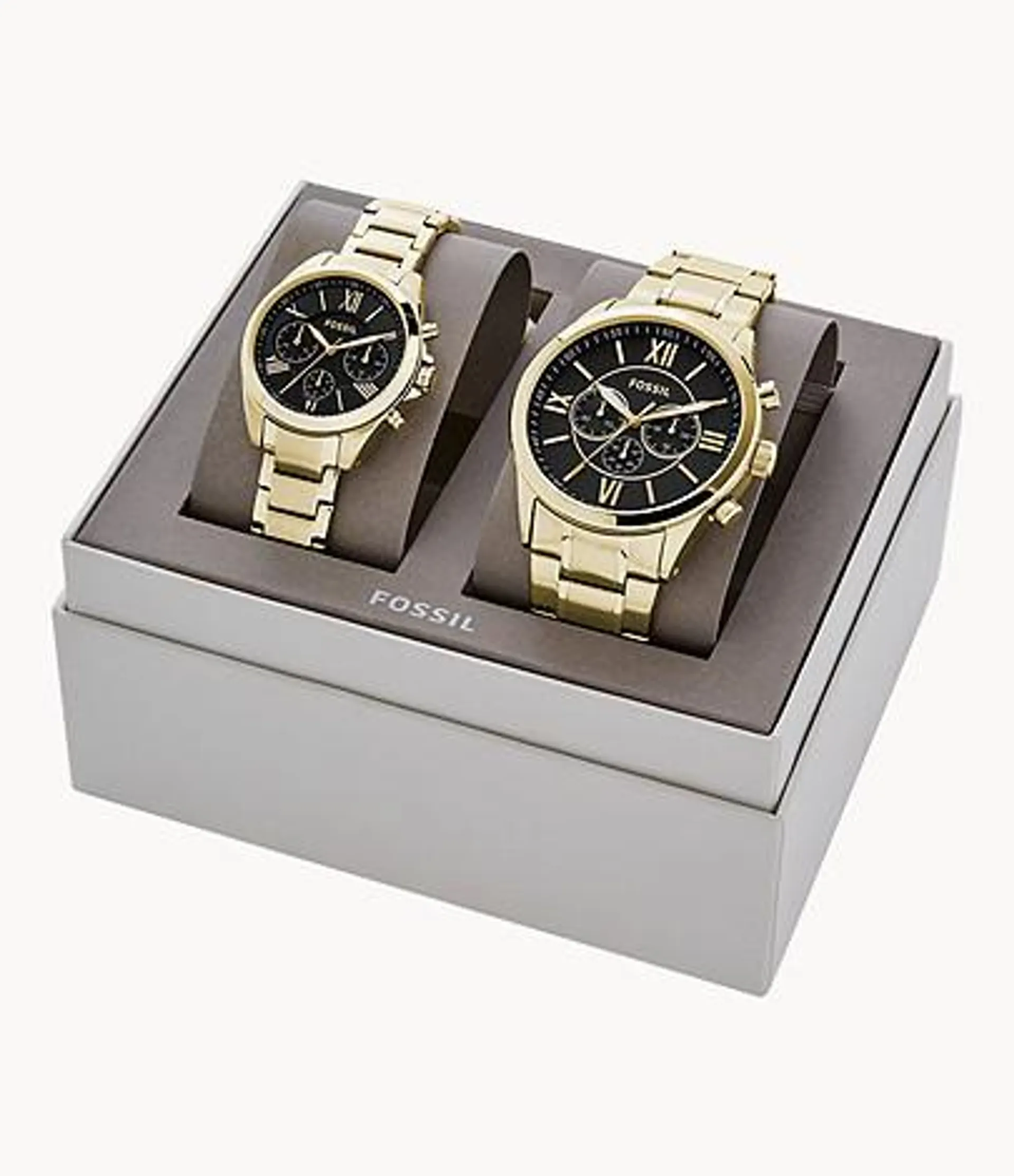 Conjunto de regalo con reloj para él y para ella de acero inoxidable en tono dorado