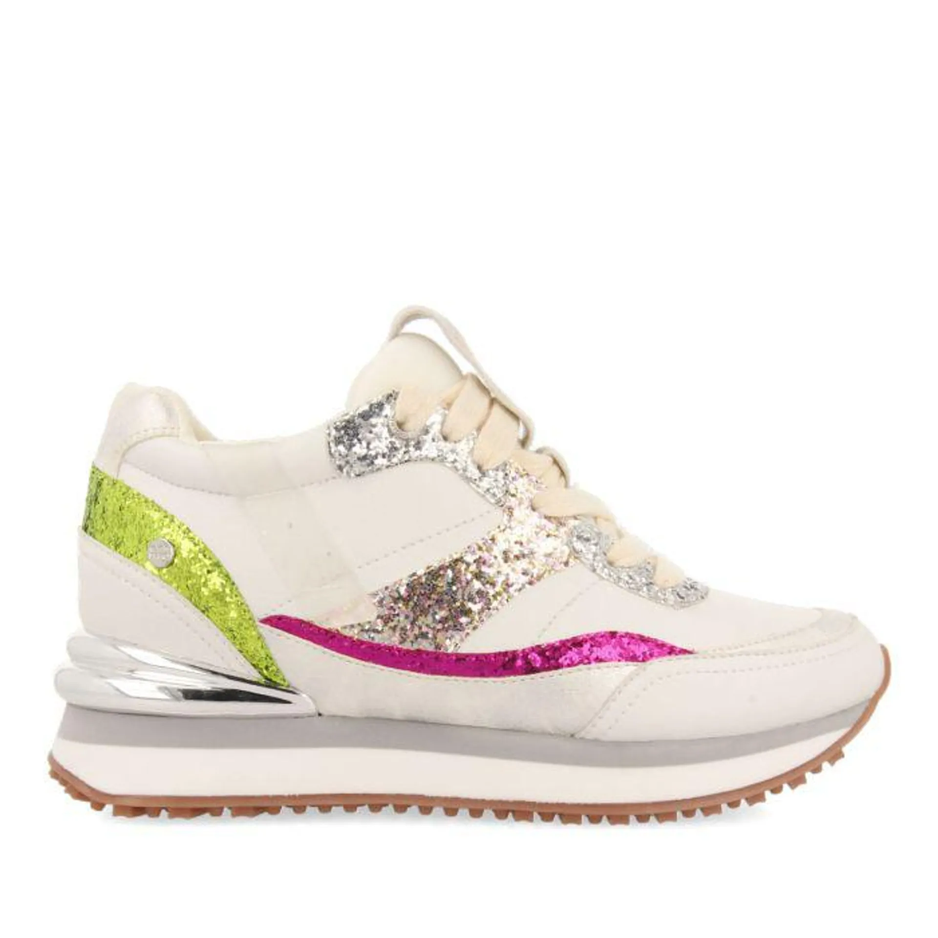 Bassou women's white sneakers with inner wedges and glittery details