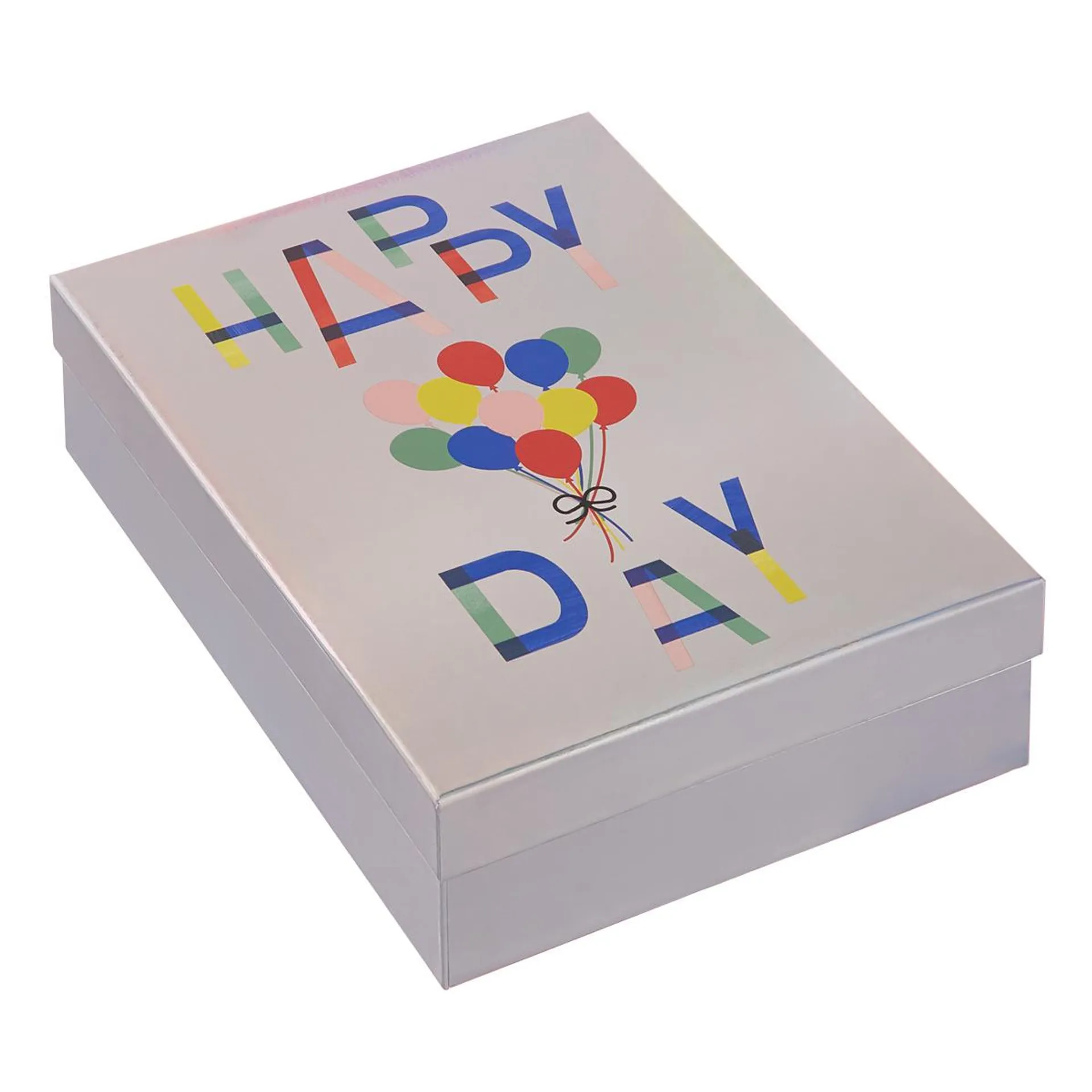 Large Gift Box Happy Birthday with Balloons Silver