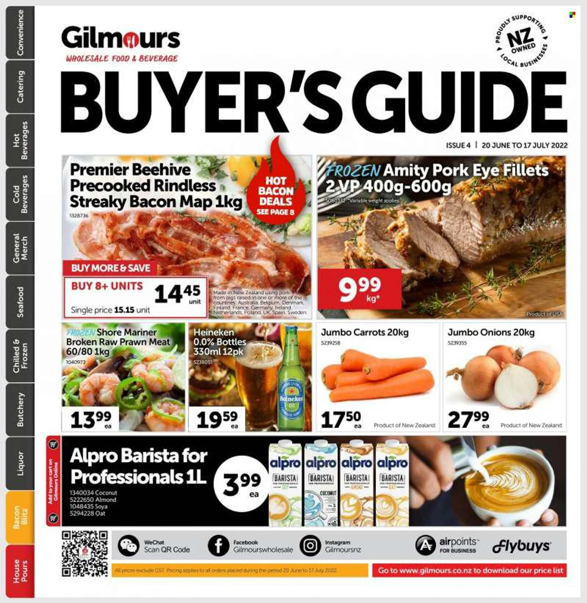 Gilmours mailer - 20.06.2022 - 17.07.2022 - Sales products - carrots, onion, coconut, seafood, prawns, Shore Mariner, Alpro, bacon, streaky bacon, oats, liquor, beer, Heineken. Page 1.