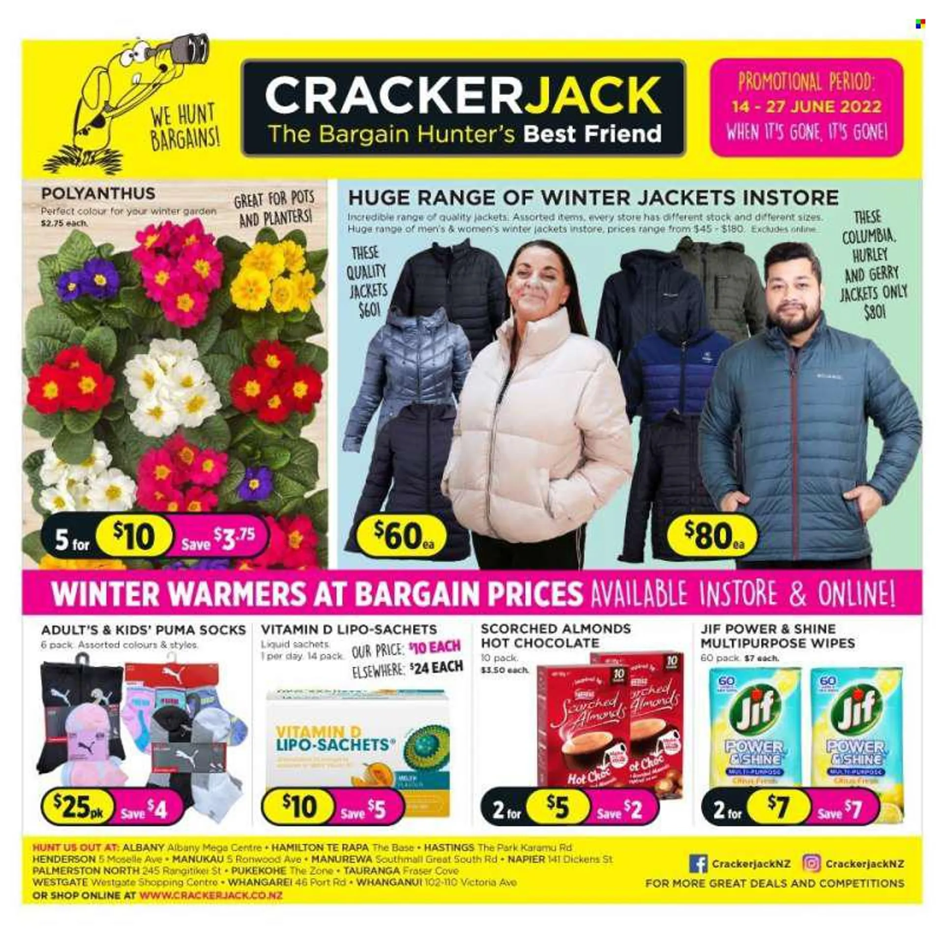 Crackerjack mailer - 14.06.2022 - 27.06.2022 - Sales products - melons, Scorched Almonds, Victoria, Jif, Planters, hot chocolate, wipes, multipurpose wipes, Columbia, Puma, socks, pot. Page 1.