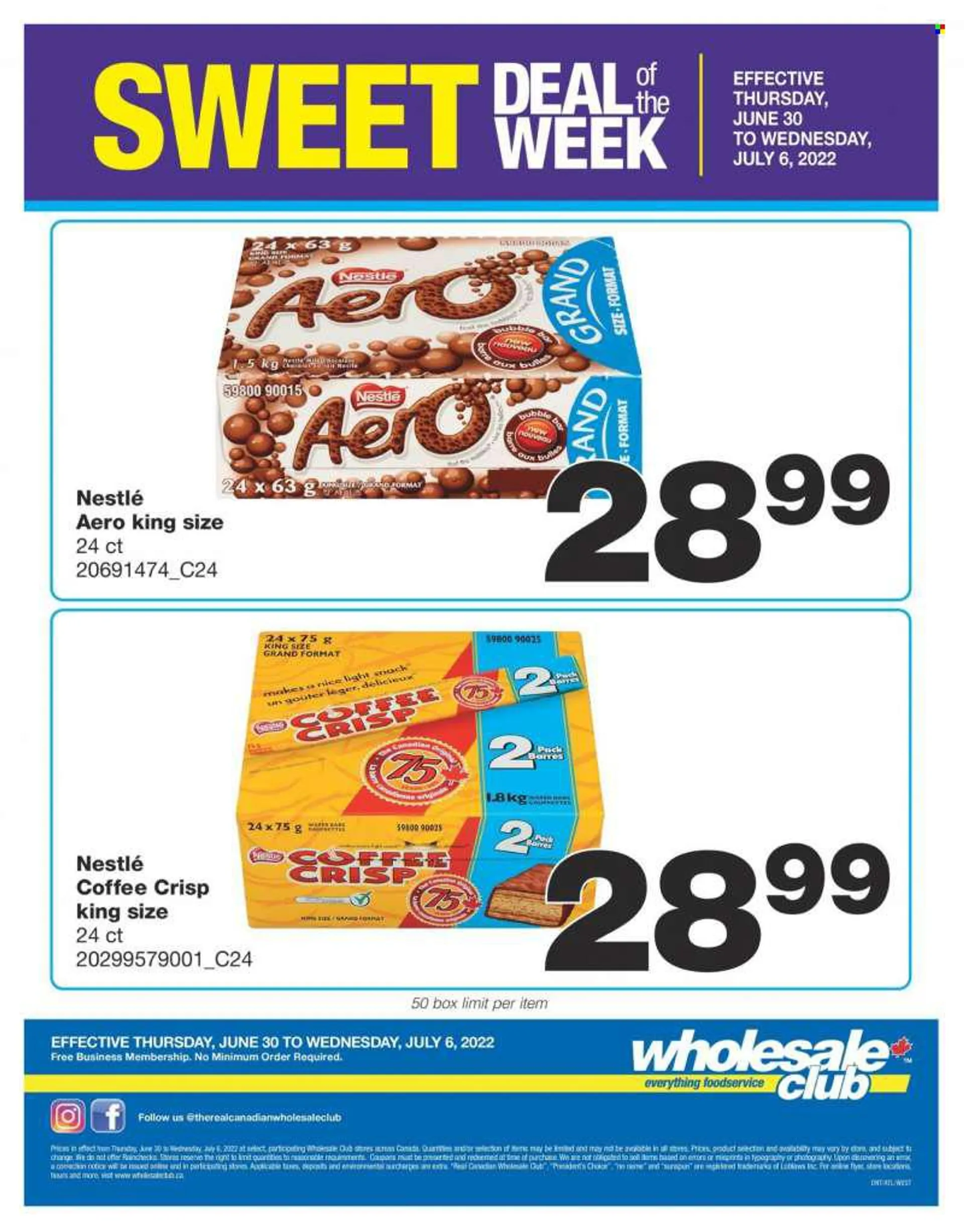Wholesale Club Flyer - June 30, 2022 - July 06, 2022 - Sales products - No Name, Président, milk chocolate, chocolate, snack, coffee, Nestlé. Page 1.