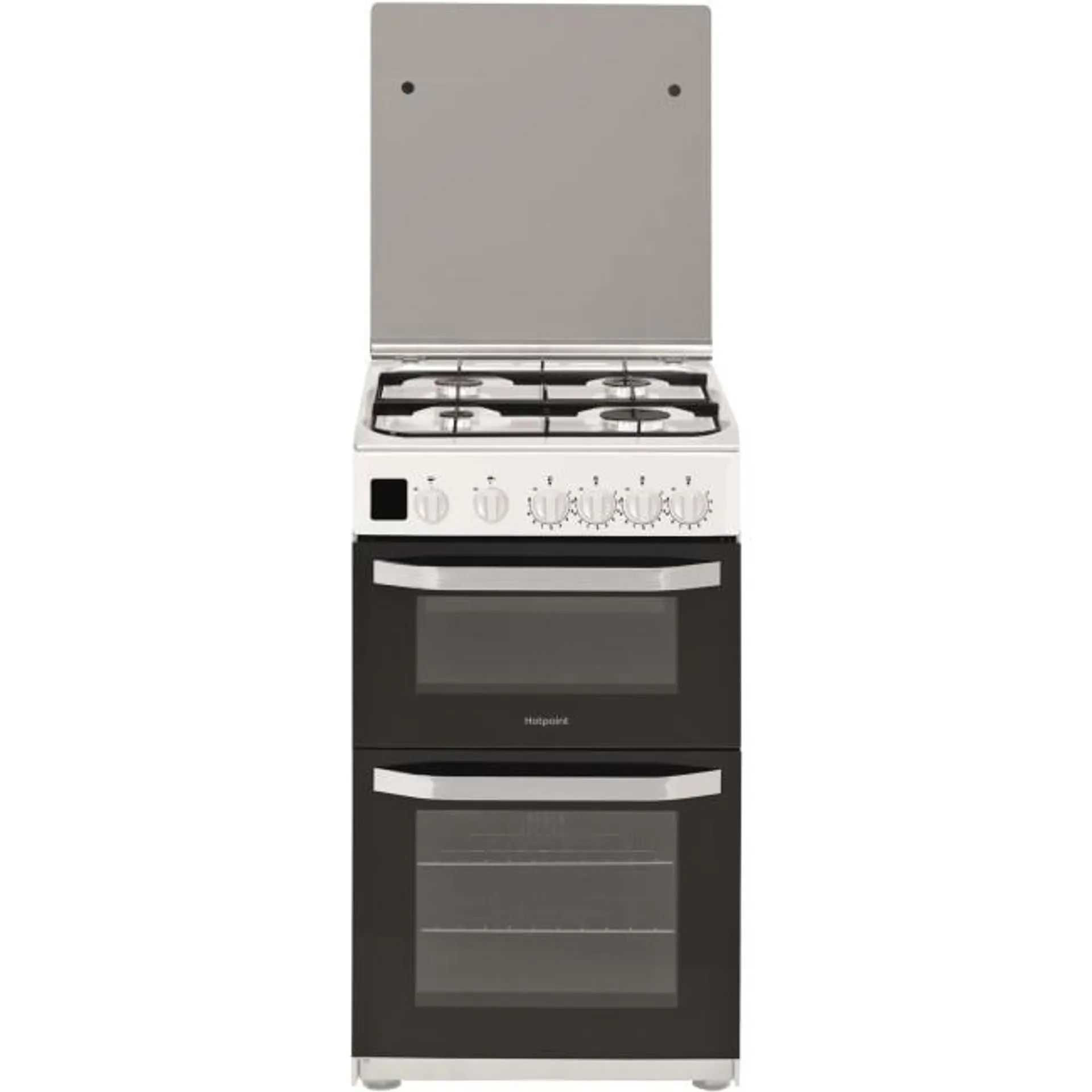 Hotpoint 50cm Double Cavity Gas Cooker with Lid - White