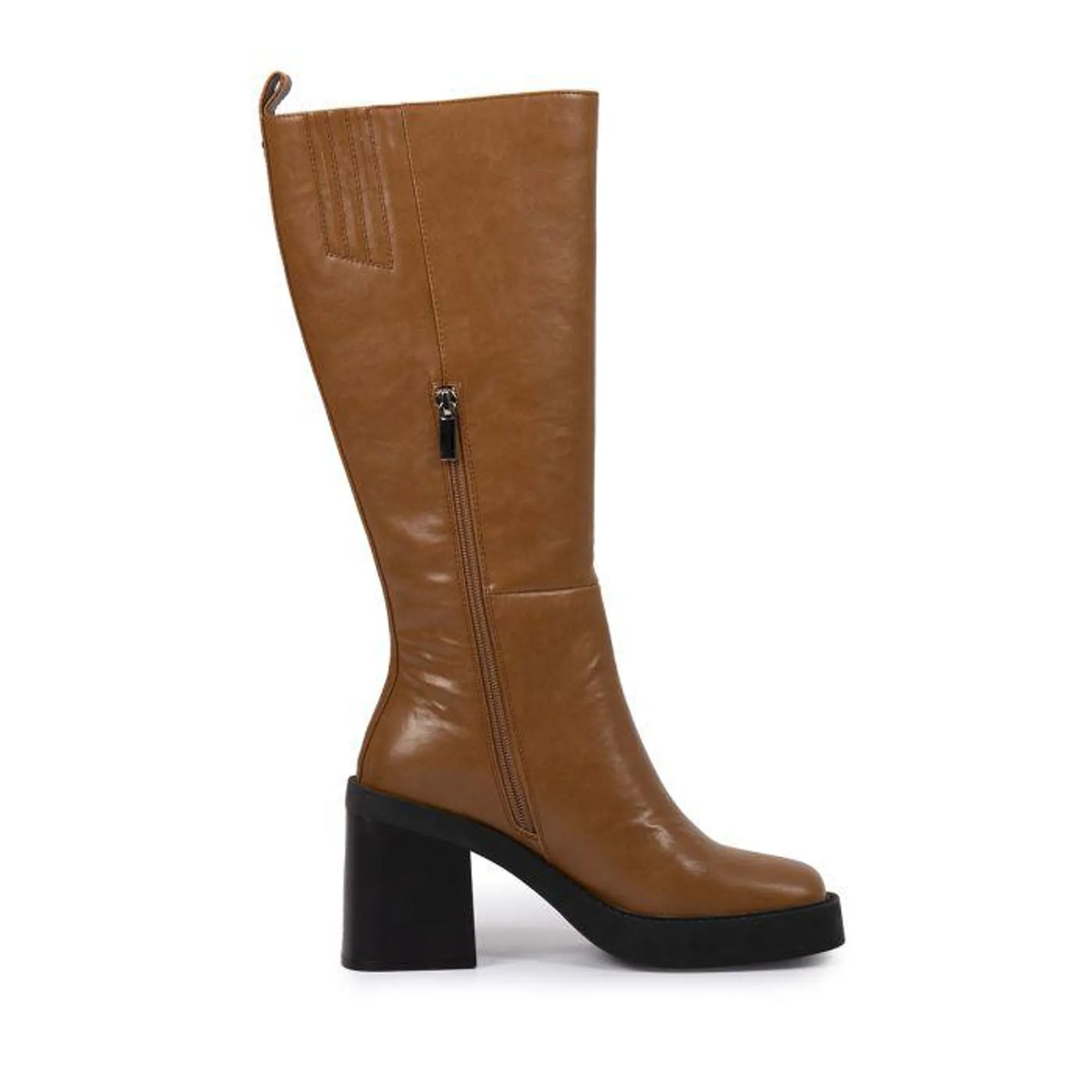 Goeblange women's straight tan knee-high boots with square toes, a thick platform and wide heels