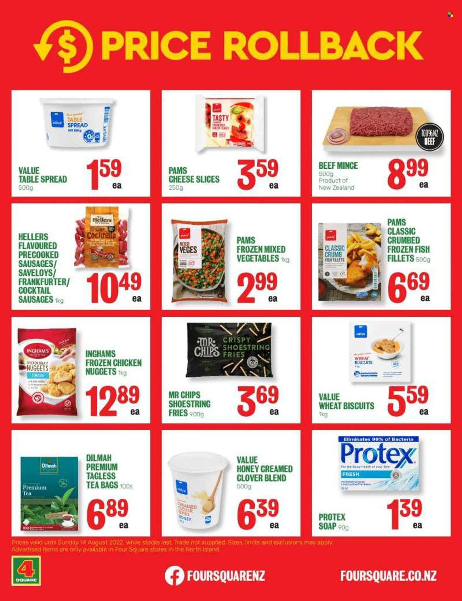 Four Square mailer - 06.06.2022 - 12.06.2022 - Sales products - fish fillets, fish, nuggets, chicken nuggets, sausage, sliced cheese, cheese, Clover, mixed vegetables, mixed veges, potato fries, biscuit, honey, tea bags, chicken meat, beef meat, ground be