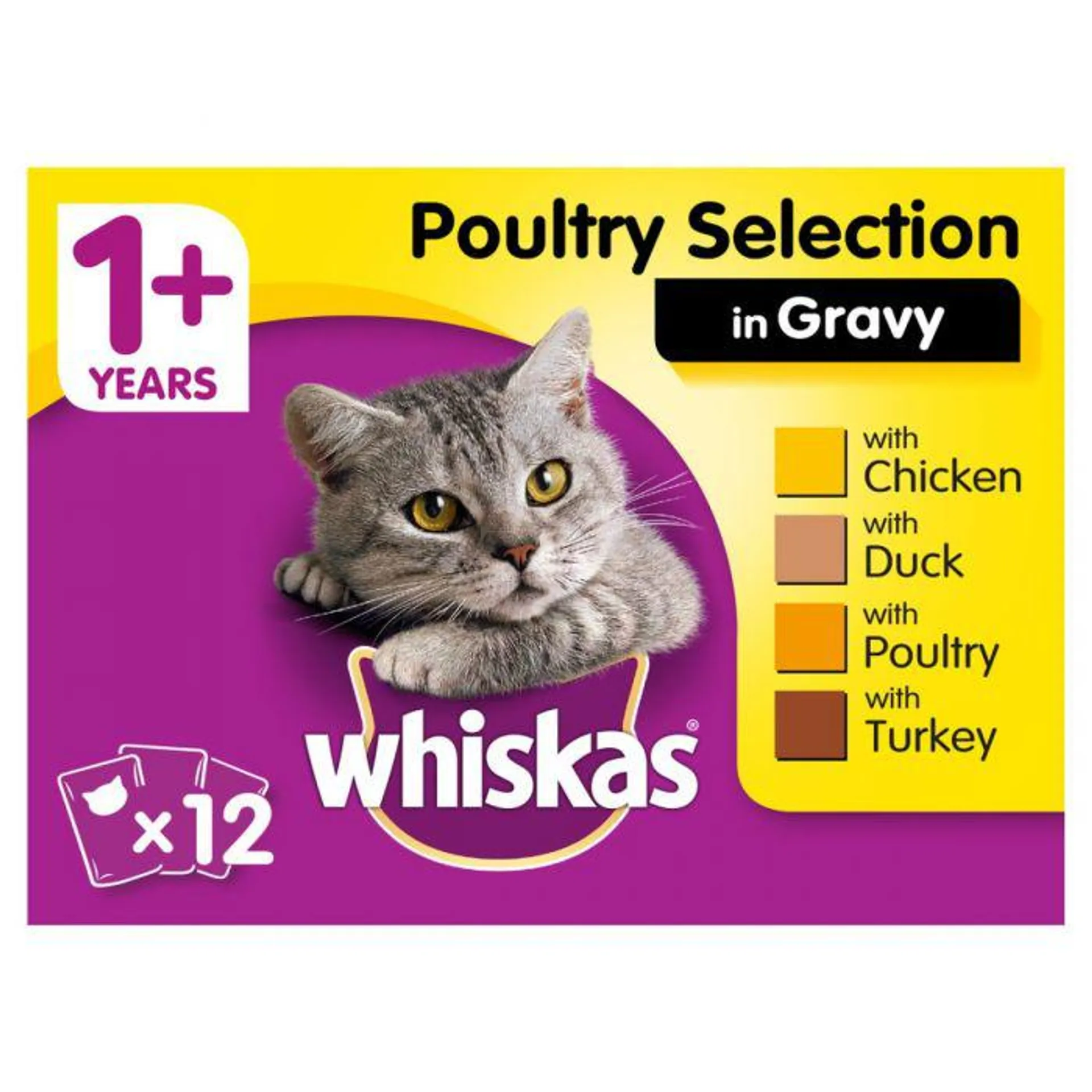 Whiskas 1+ Cat Pouches Poultry Selection In Gravy 12 x 100g