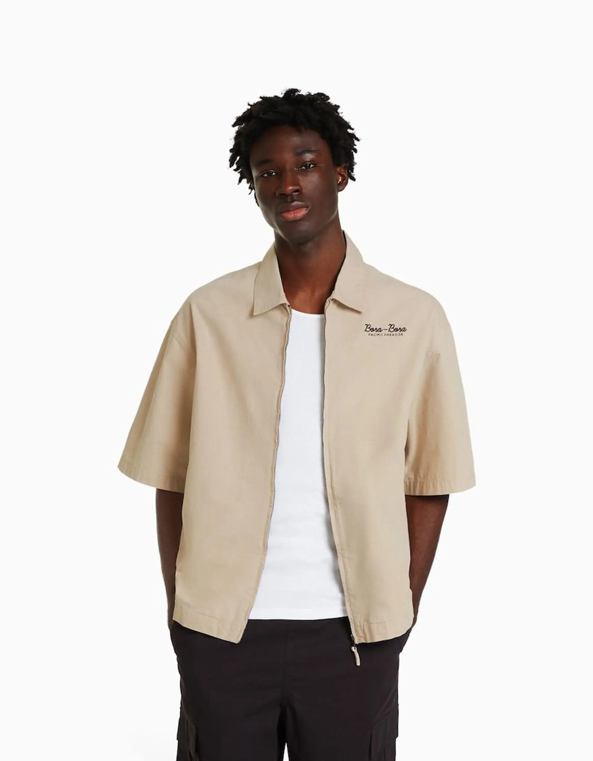 Short sleeve embroidered cotton shirt
