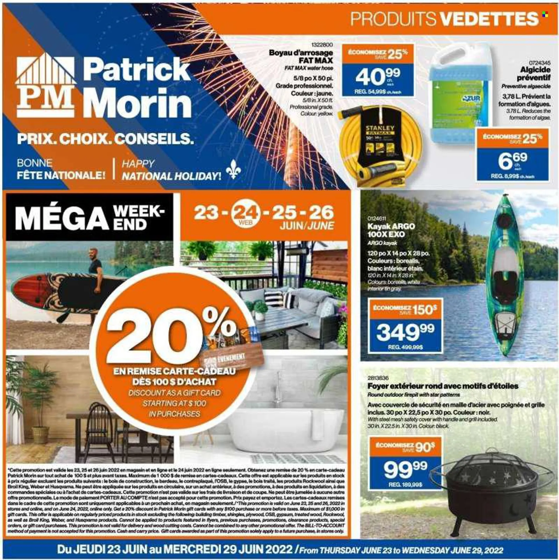 Patrick Morin Flyer - June 23, 2022 - June 29, 2022 - Sales products - Stanley, shingle, plywood, Husqvarna, Weber, garden hose. Page 1.