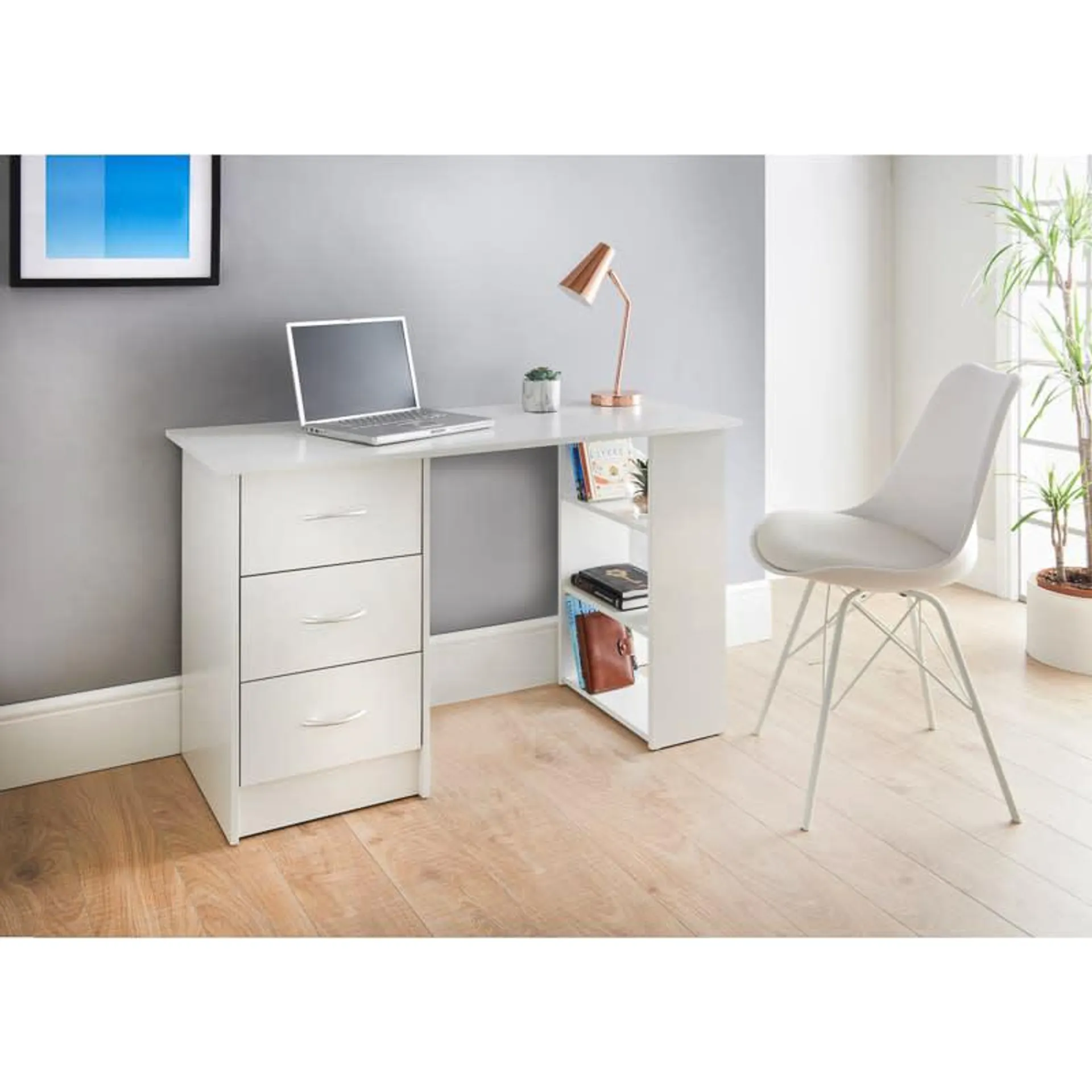 Lokken 3 Drawer Desk & Shelves - White