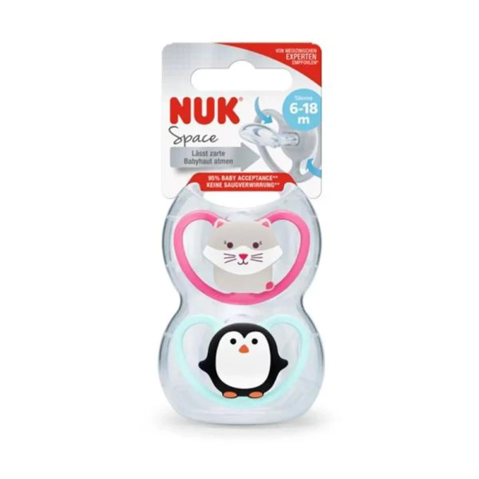 NUK SET DE 2 CHUPETES SPACE T2 GATO-PINGÜINO