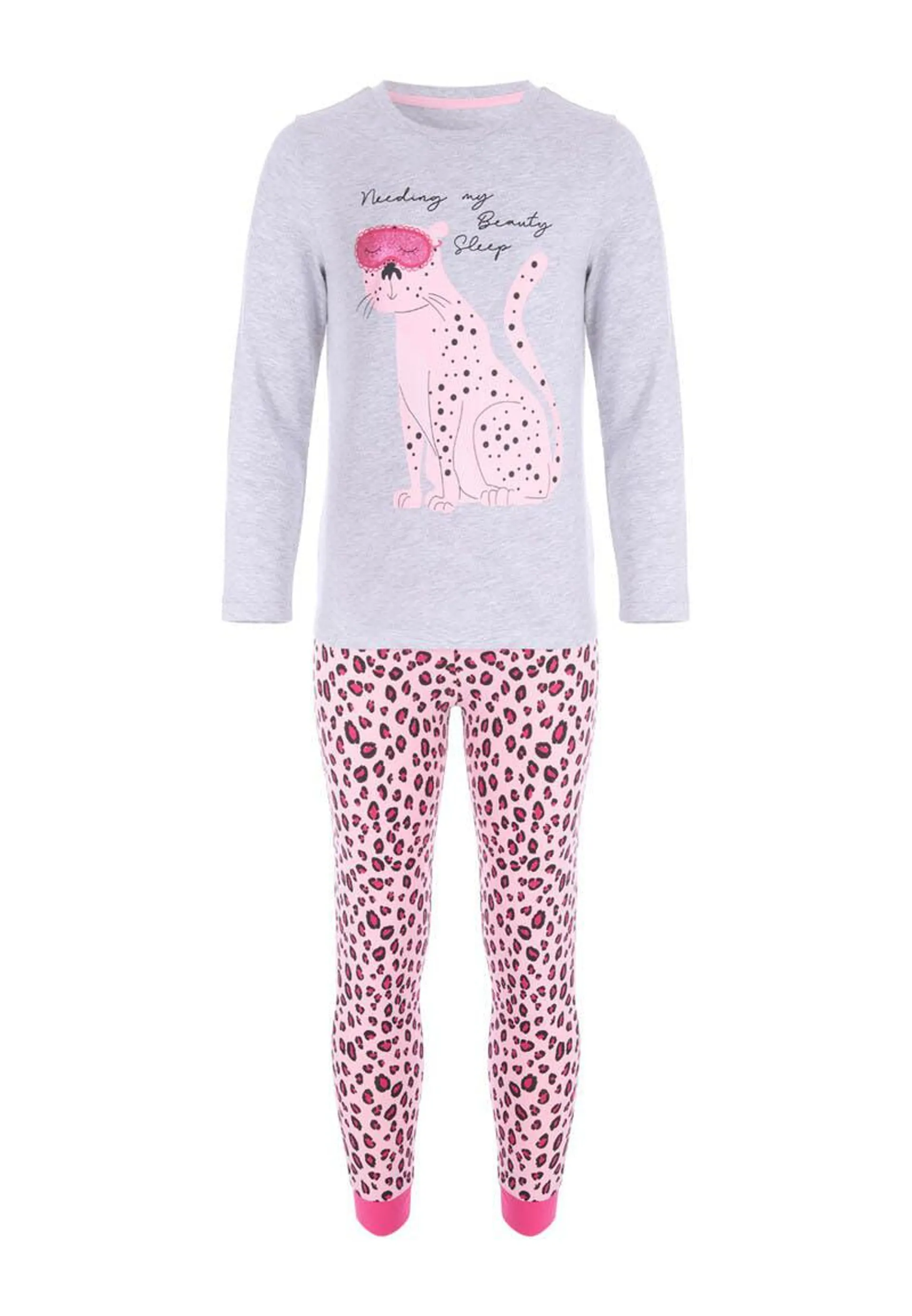 Older Girls Grey Leopard Print Pyjama Set