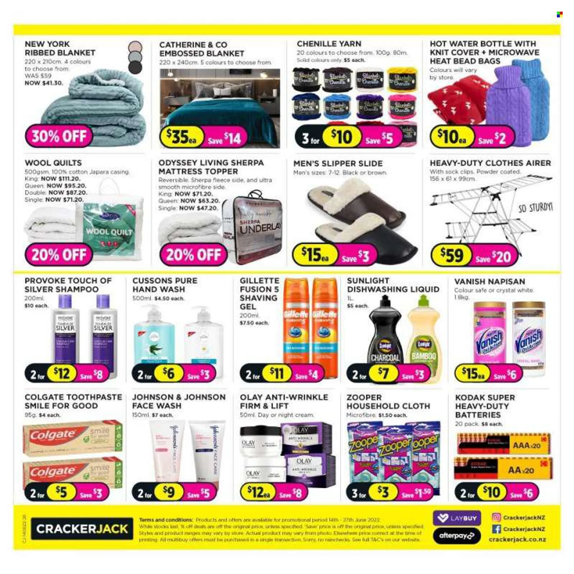 Crackerjack mailer - 14.06.2022 - 27.06.2022 - Sales products - Johnsons, Vanish, Sunlight, dishwashing liquid, shampoo, hand wash, face gel, Colgate, toothpaste, night cream, Olay, face wash, Gillette, bag, battery, blanket, topper, quilt, wool quilt, ma
