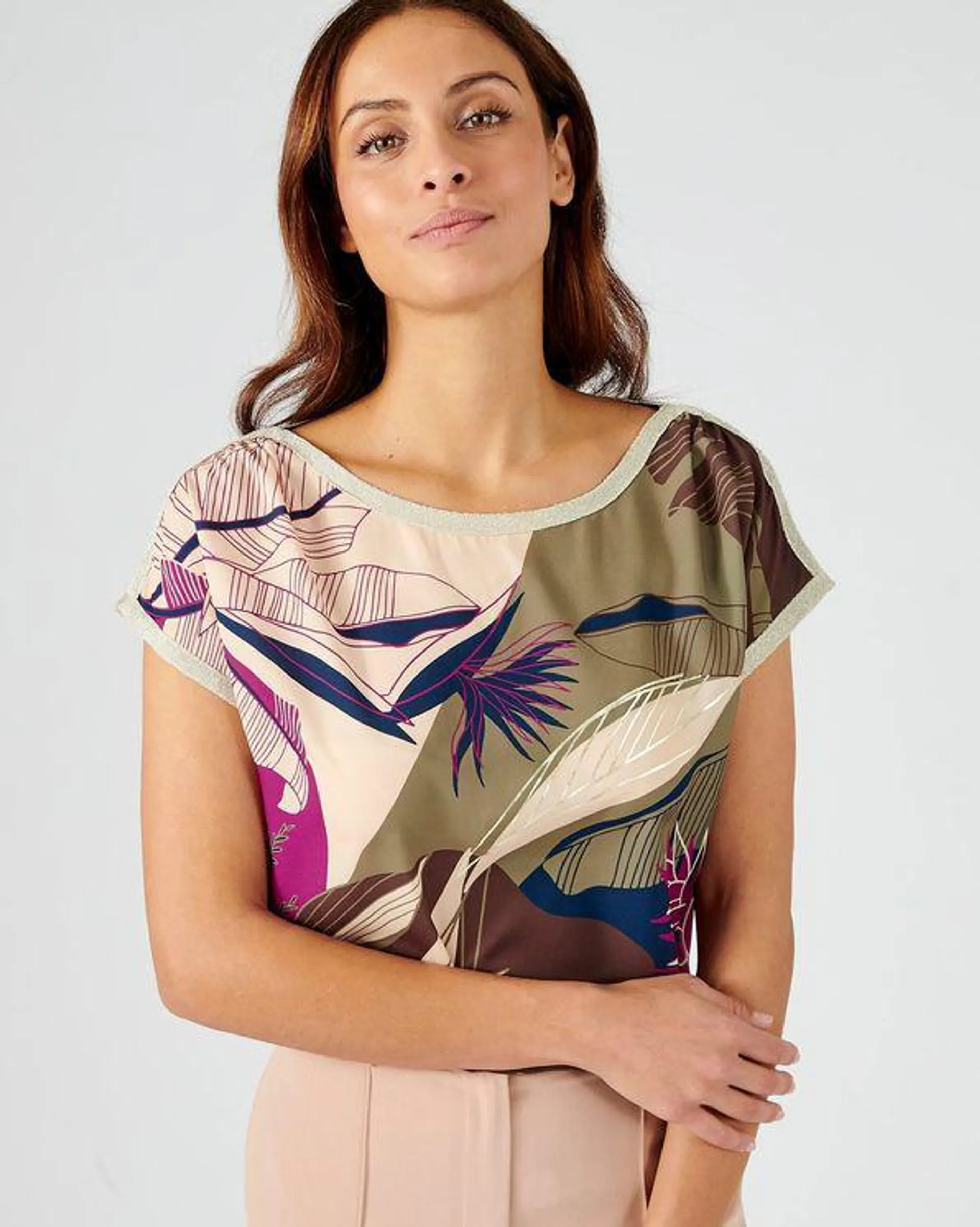 T-shirt in 2 stoffen met tropische print