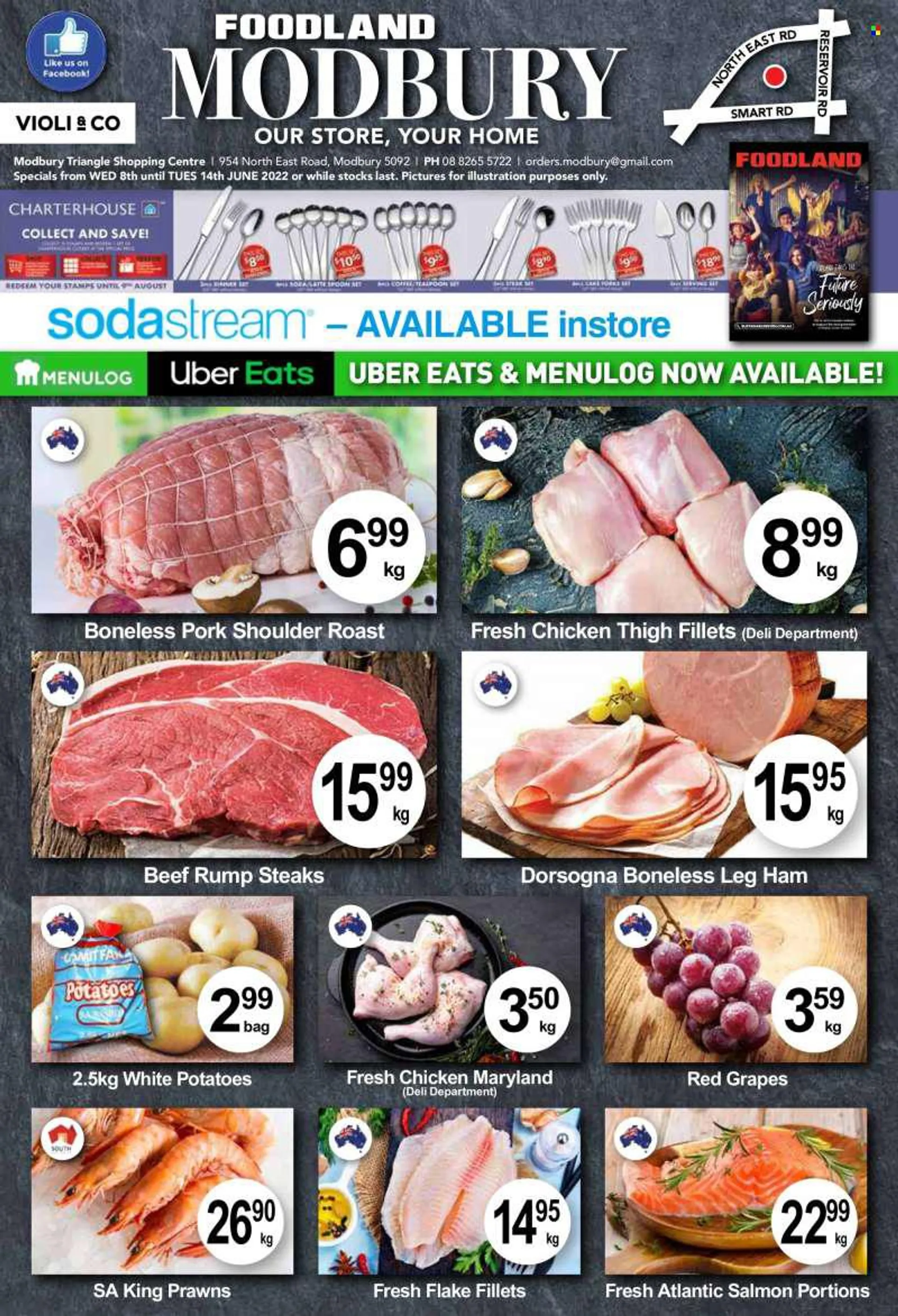 Violi &amp; Co Catalogue - 8 Jun 2022 - 14 Jun 2022 - Sales products - potatoes, grapes, salmon, prawns, ham, leg ham, steak, pork meat, pork roast, pork shoulder. Page 1.